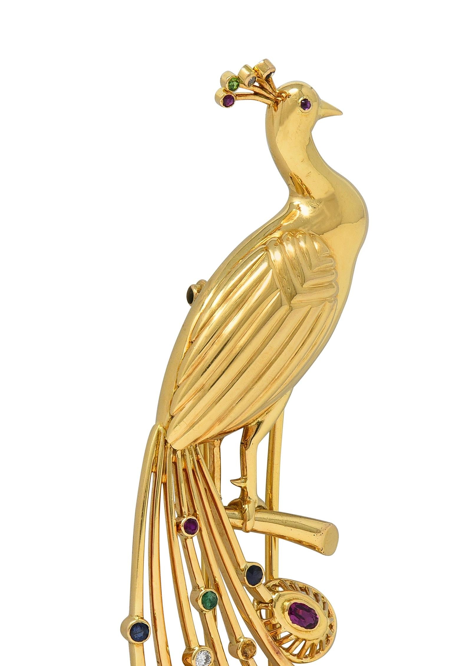 1950's French Multi-Gem Ruby Diamond 18 Karat Yellow Gold Vintage Peacock Brooch