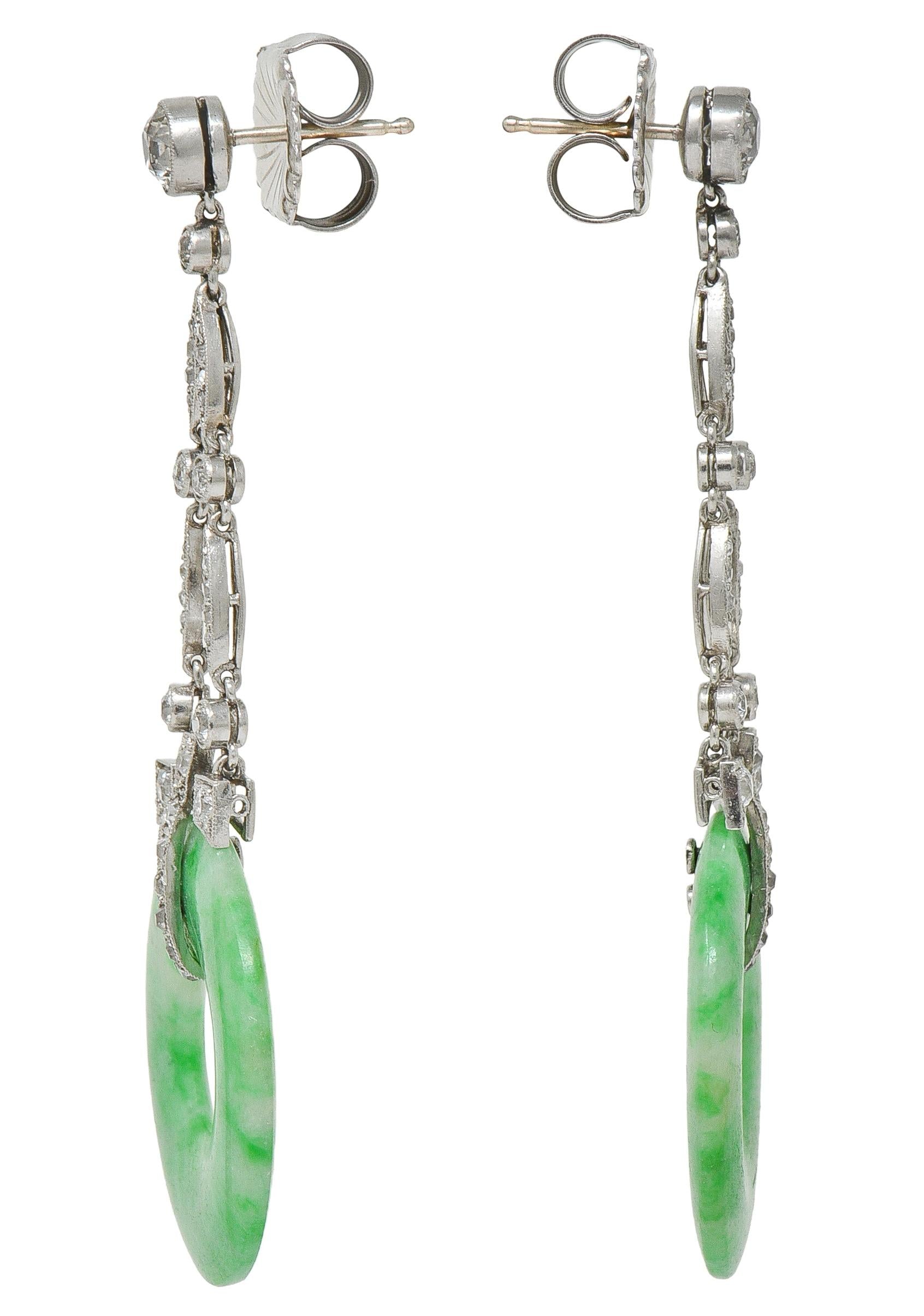 Art Deco 1.88 CTW Diamond Carved Jade Platinum Vintage Drop Earrings