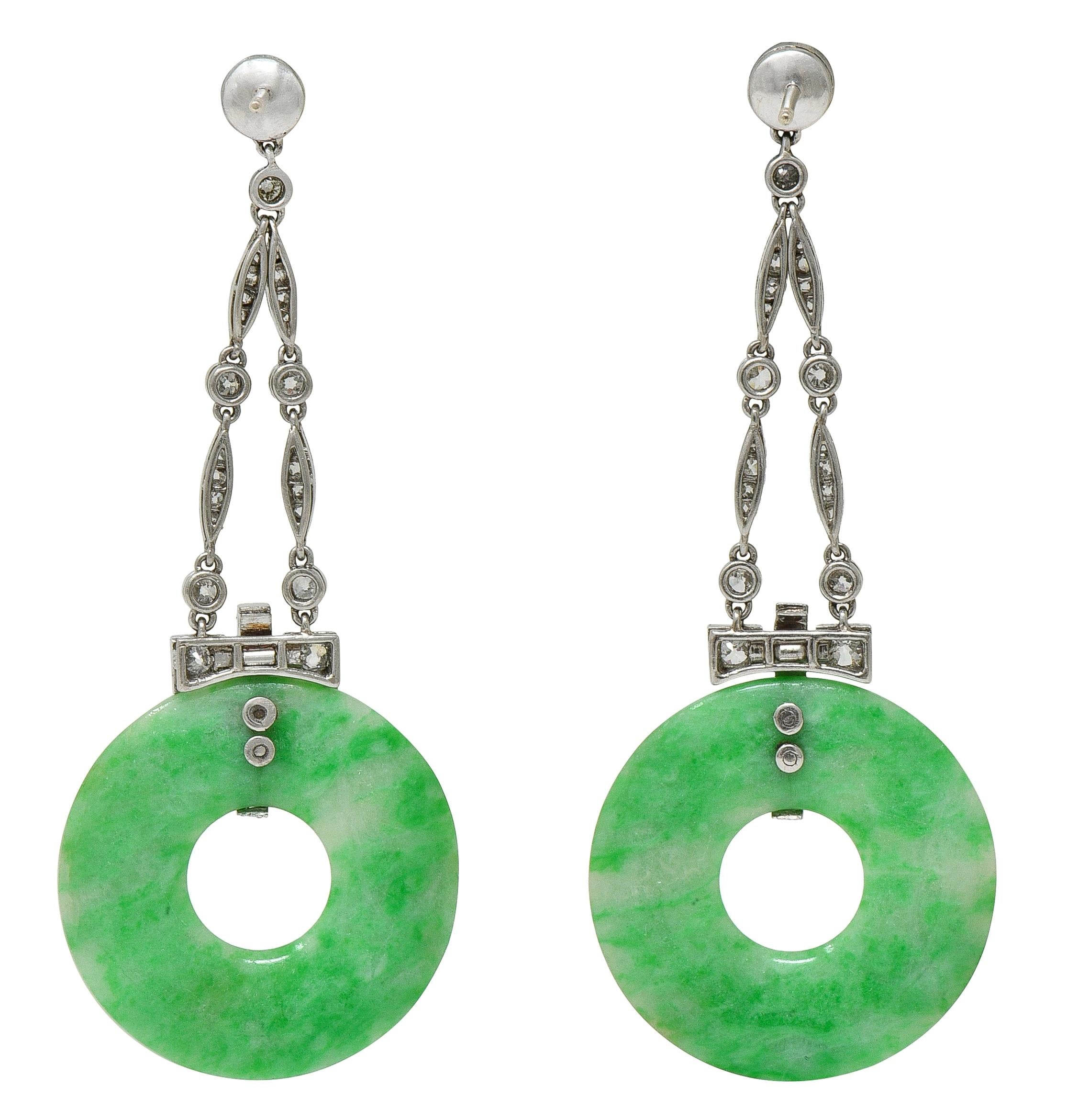 Art Deco 1.88 CTW Diamond Carved Jade Platinum Vintage Drop Earrings