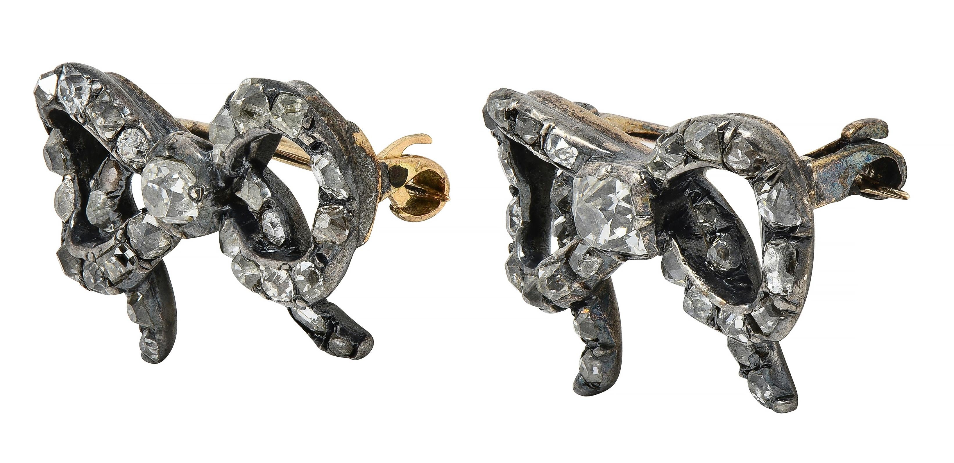 Georgian 2.56 CTW Diamond Sterling Silver 10K Gold Antique Bow Brooch Set