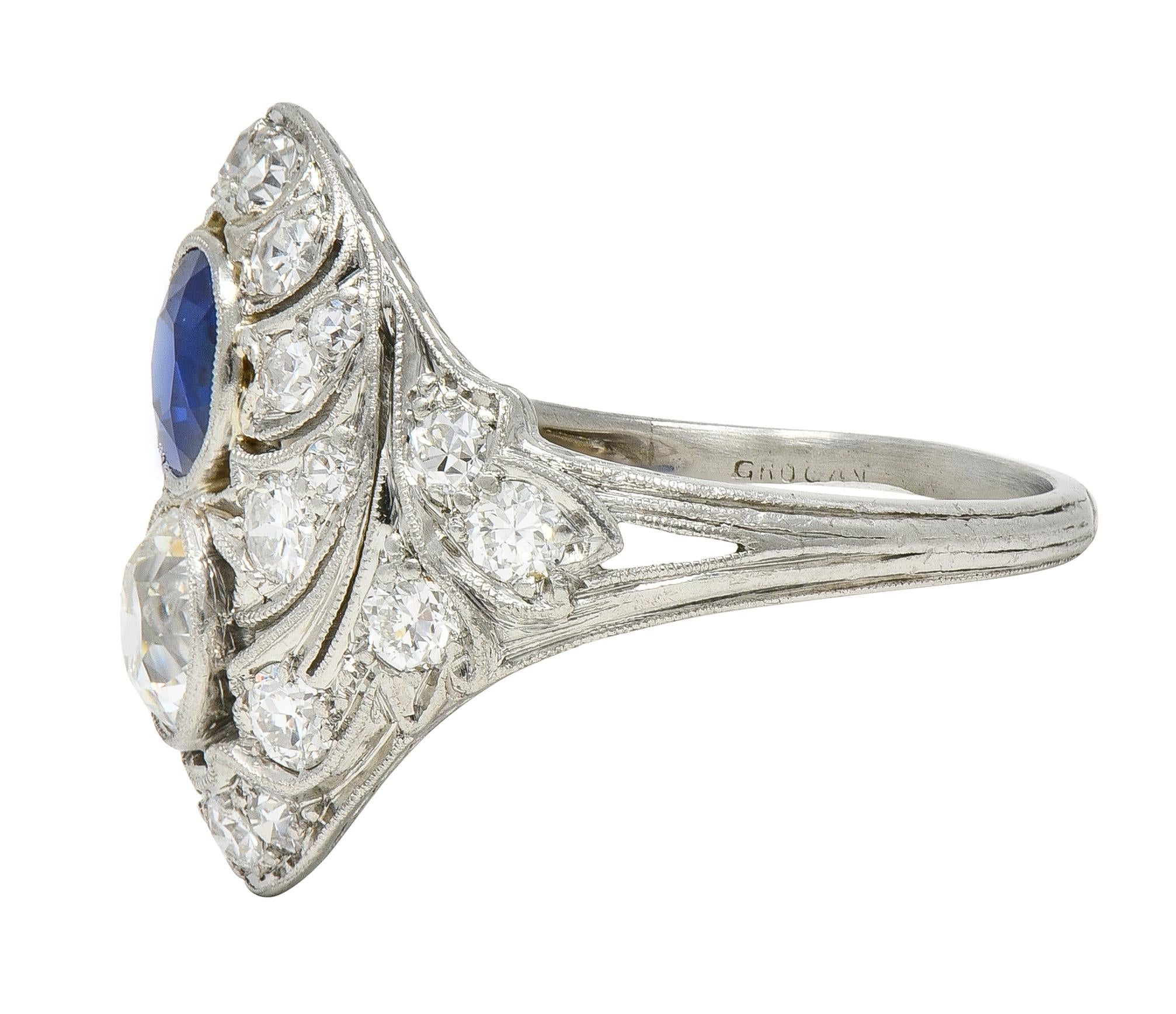 Edwardian 2.93 CTW Sapphire Diamond Platinum Antique Feather Toi-Et-Moi Ring