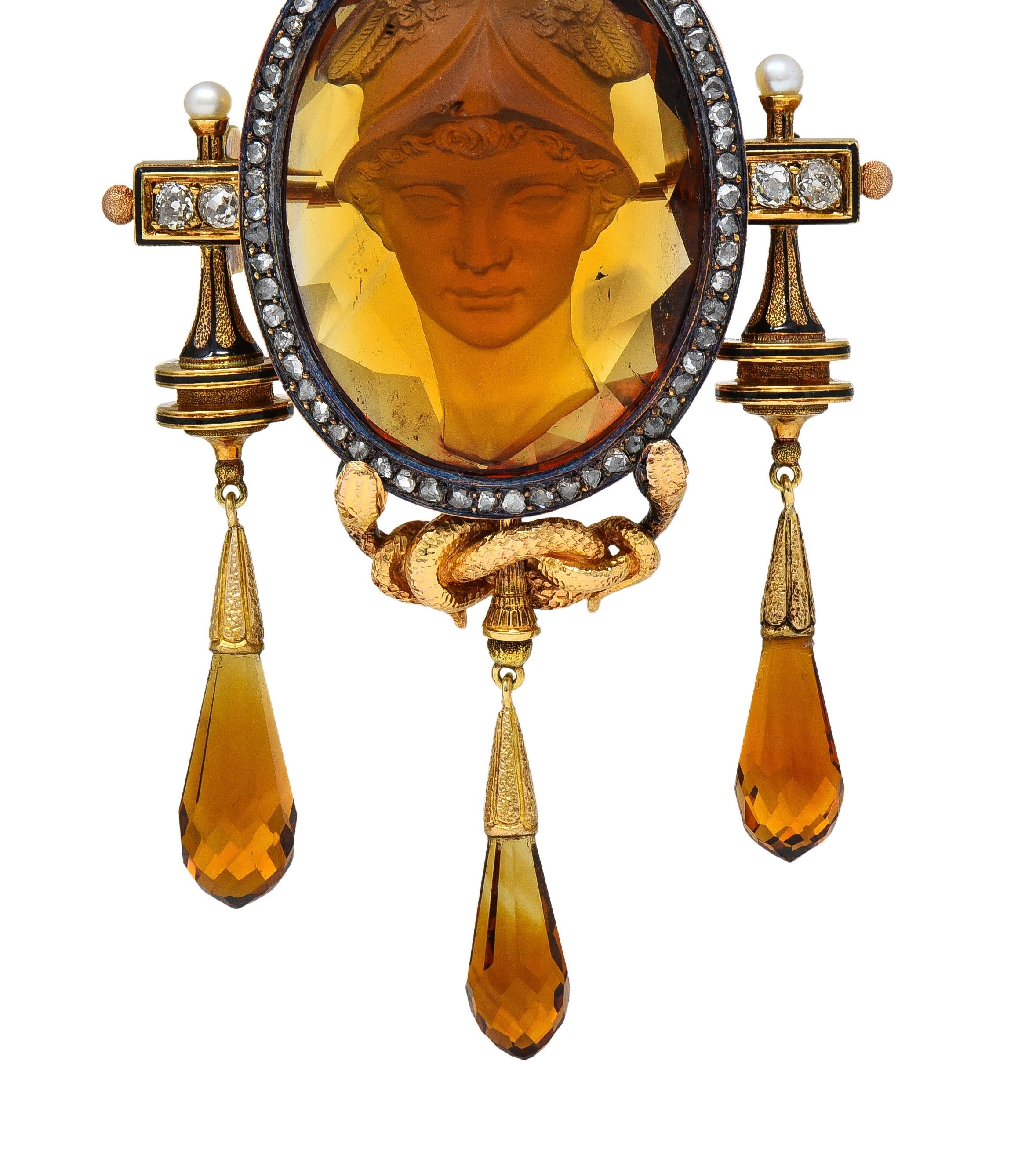 Victorian Diamond Citrine 18K Gold Antique Greek God Hermés Cameo Pendant Brooch