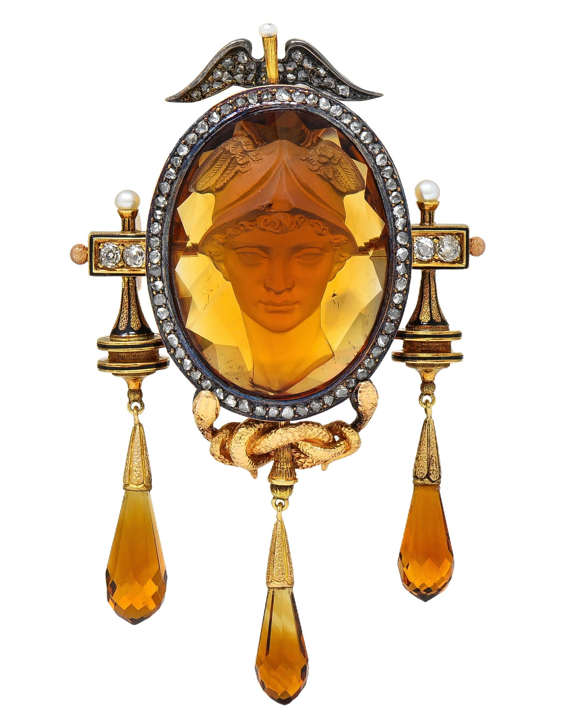 Victorian Diamond Citrine 18K Gold Antique Greek God Hermés Cameo Pendant Brooch