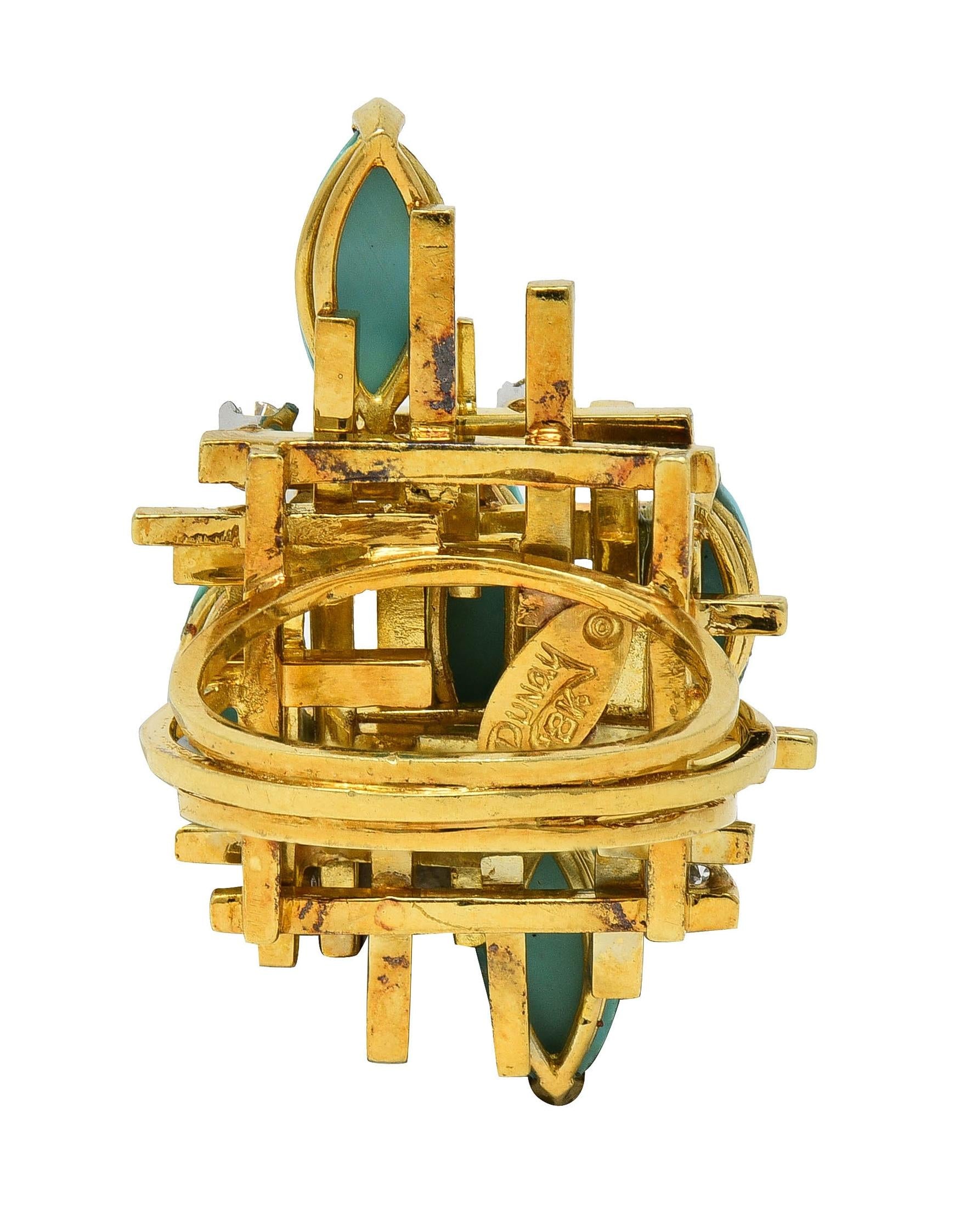 Henry Dunay Modernist Diamond Turquoise Platinum 18K Gold Cocktail Ring