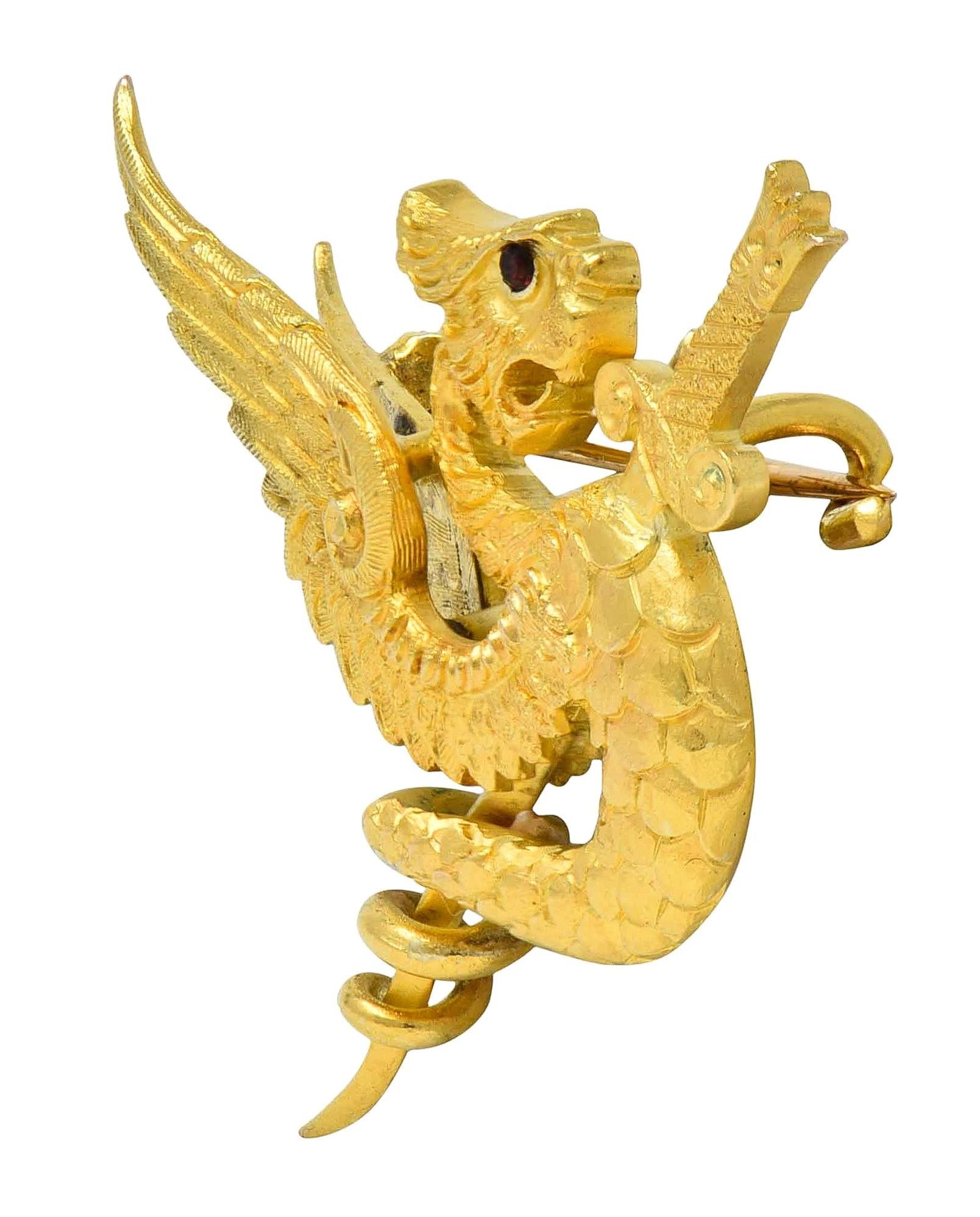 Riker Bros Art Nouveau Garnet 14K Gold Dragon Sword Antique Pendant Brooch