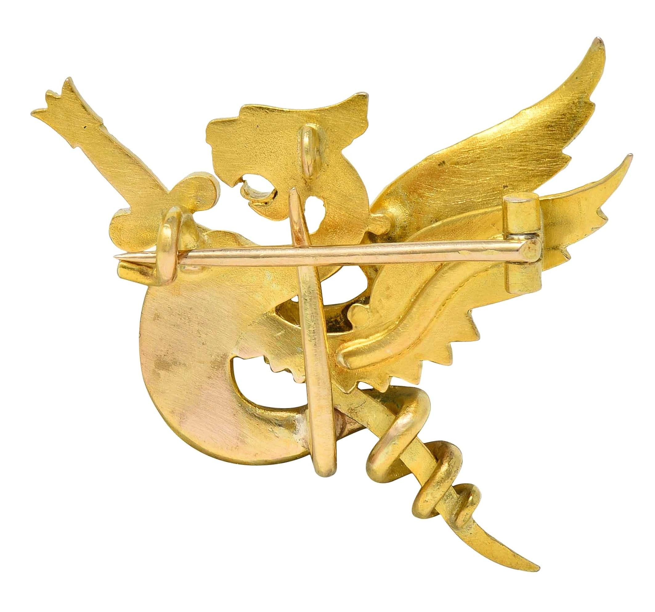 Riker Bros Art Nouveau Garnet 14K Gold Dragon Sword Antique Pendant Brooch