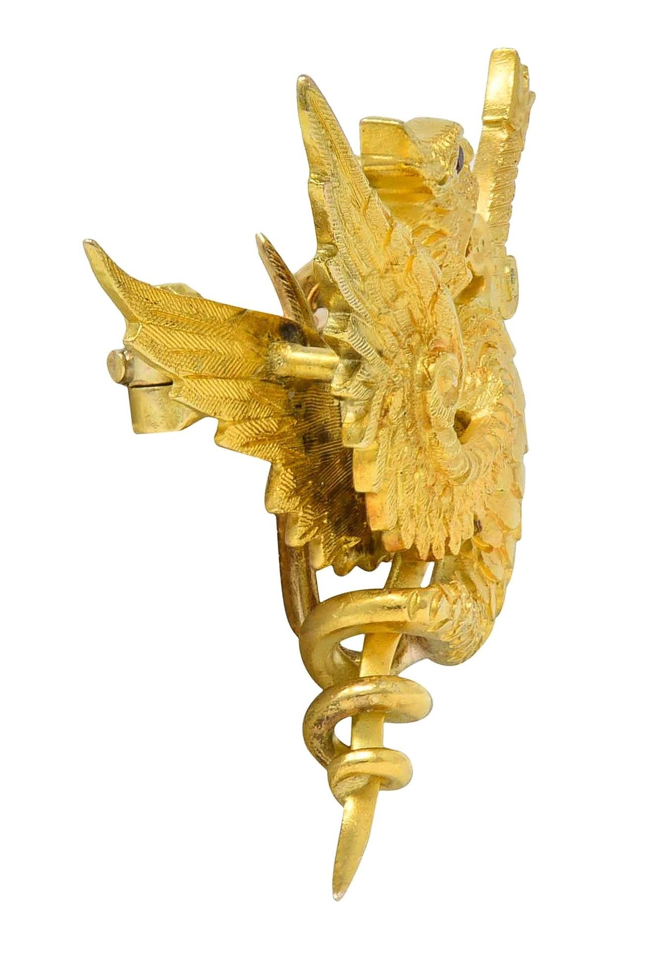 Riker Bros Art Nouveau Garnet 14K Gold Dragon Sword Antique Pendant Brooch