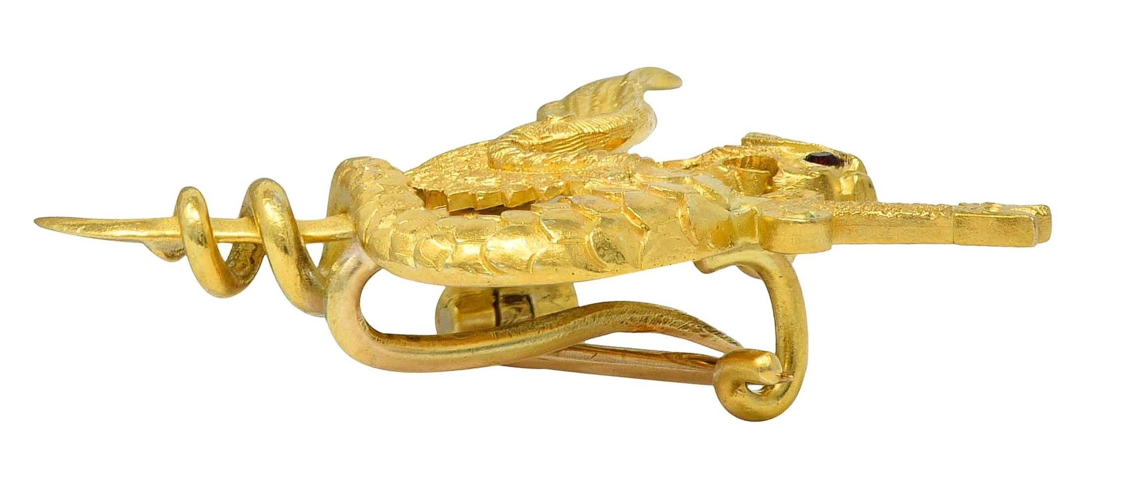 Riker Bros Art Nouveau Garnet 14K Gold Dragon Sword Antique Pendant Brooch