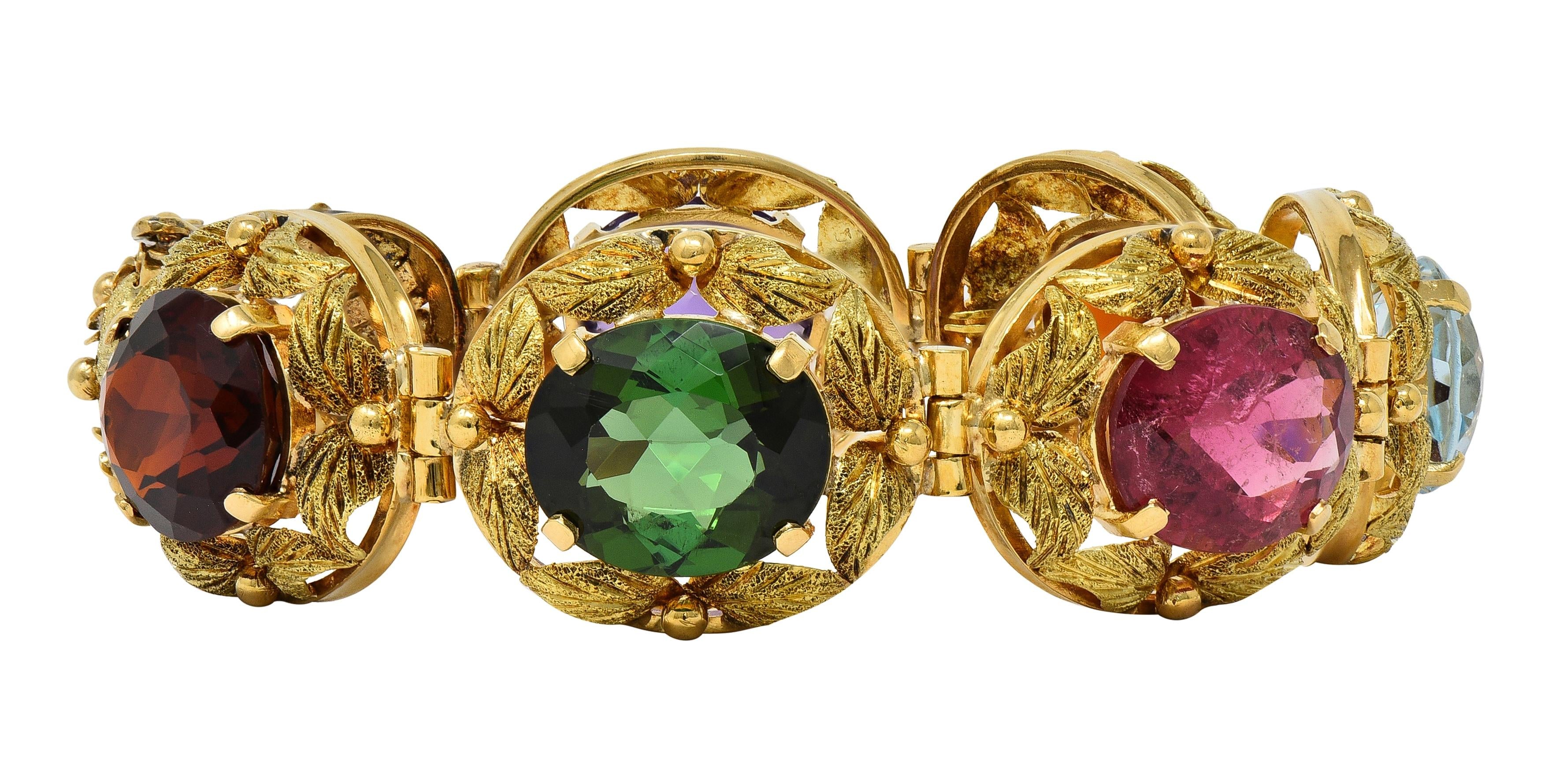 H. Stern 1950's Multi-Gem 18K Yellow Gold Vintage Floral Foliate Link Bracelet