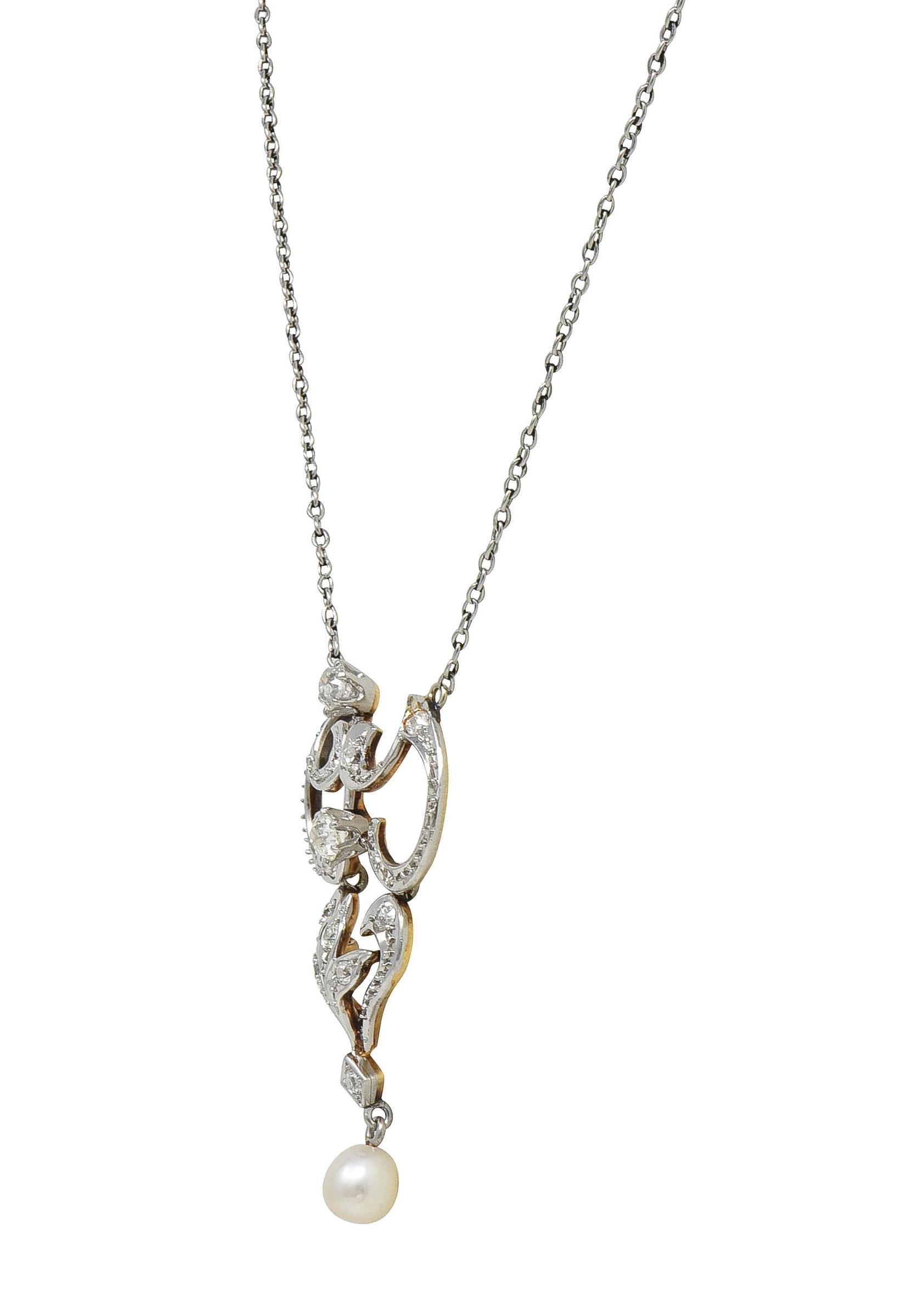 Edwardian Diamond Pearl Platinum 14K Gold Antique Pendant Station Necklace