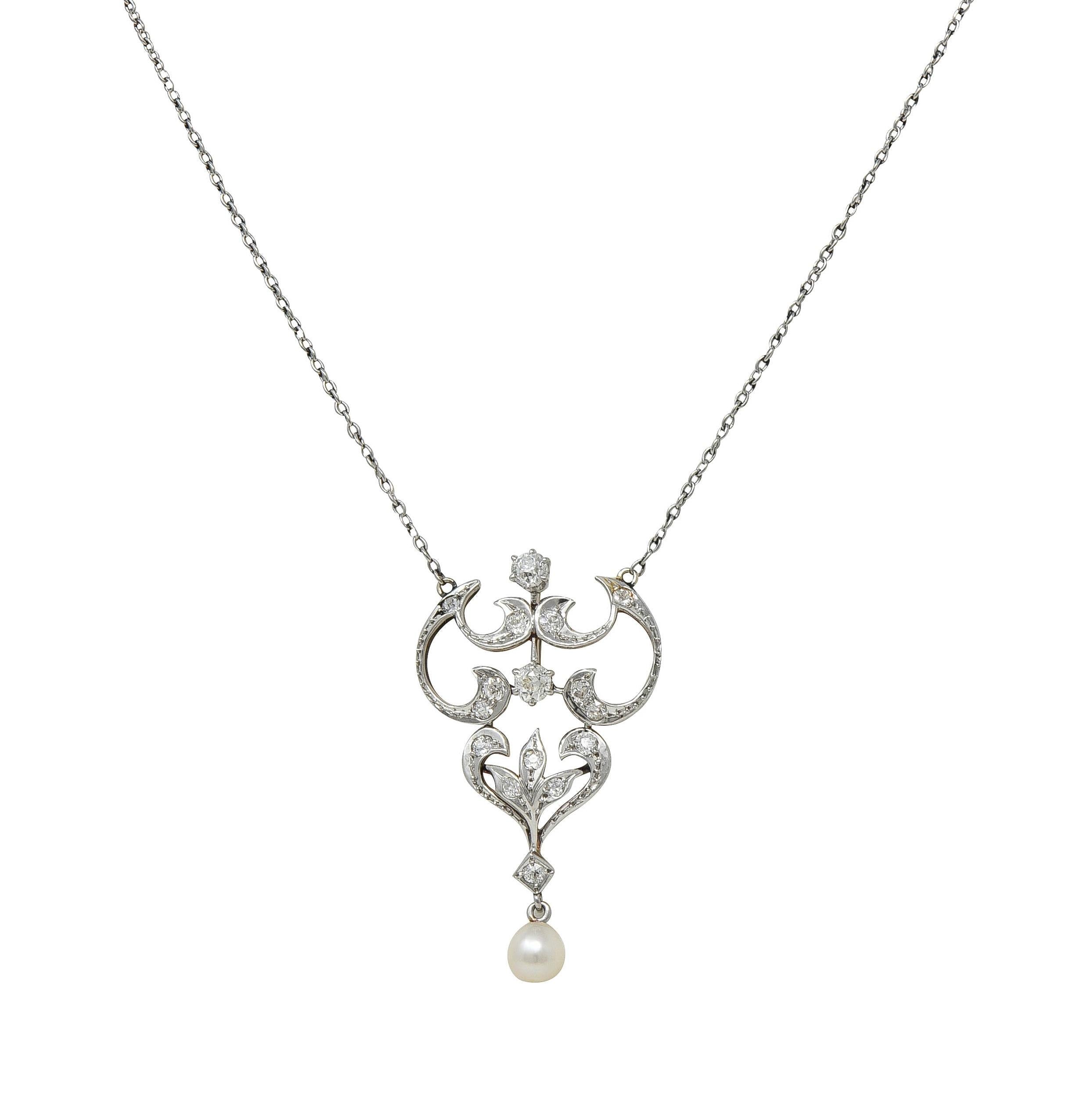 Edwardian Diamond Pearl Platinum 14K Gold Antique Pendant Station Necklace