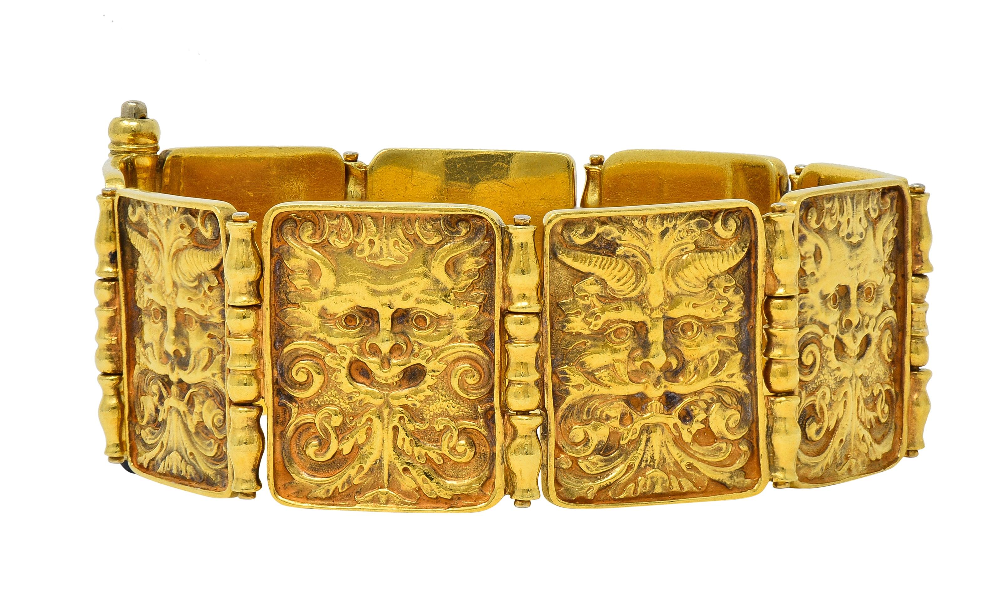 Paul Lantuch 18 Karat Yellow Gold Grotesque Mask Relief Panel Link Bracelet