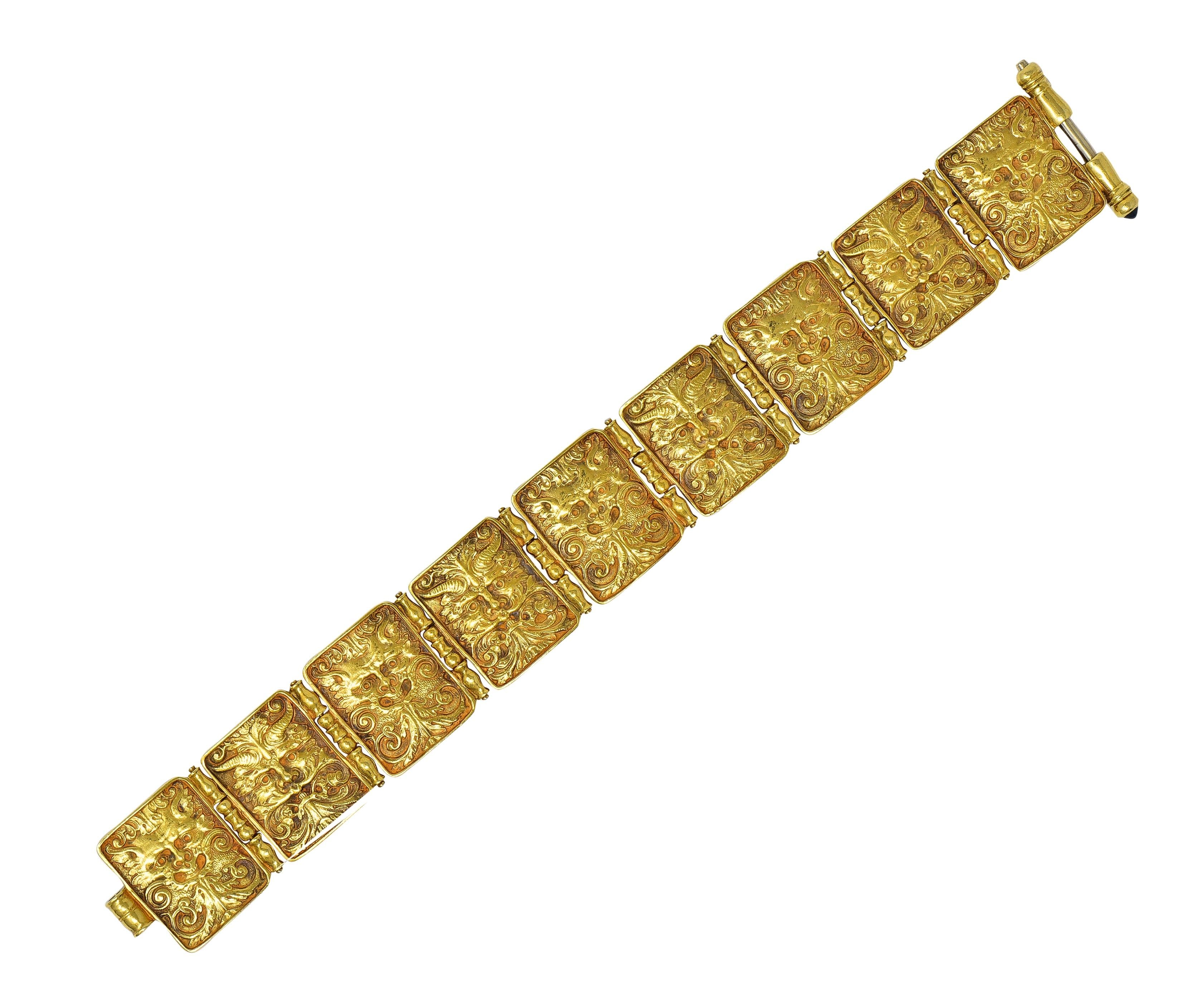 Paul Lantuch 18 Karat Yellow Gold Grotesque Mask Relief Panel Link Bracelet