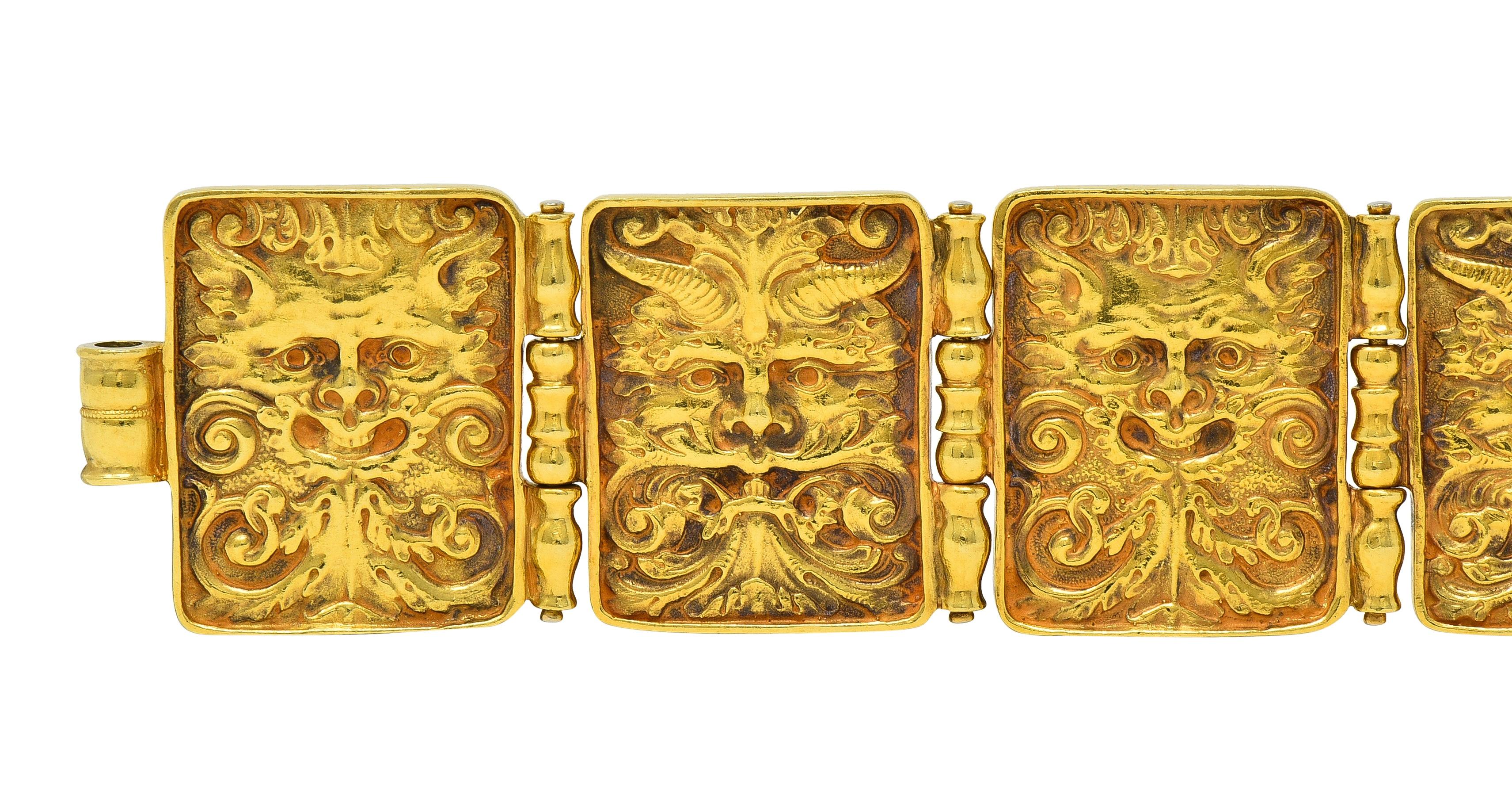 Paul Lantuch 18 Karat Yellow Gold Grotesque Mask Relief Panel Link Bracelet