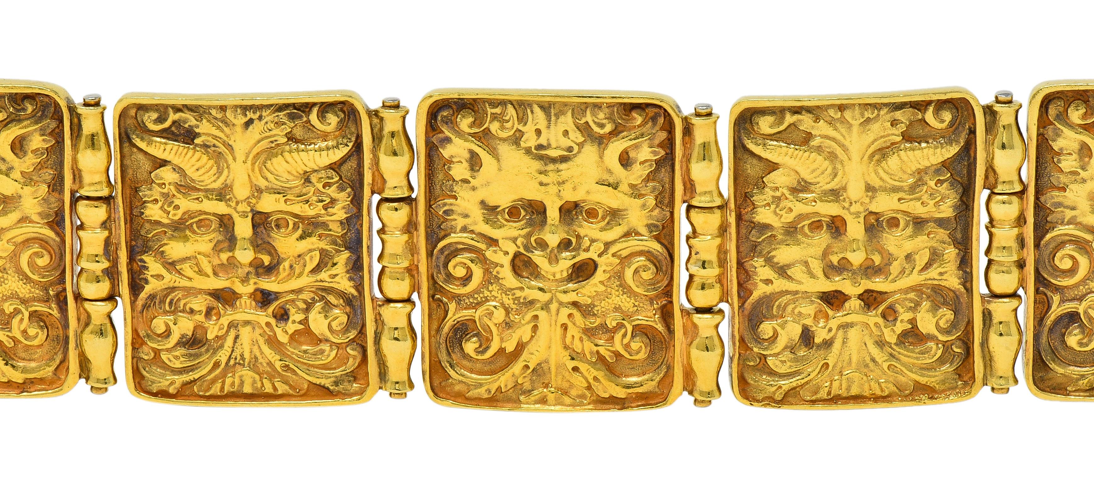 Paul Lantuch 18 Karat Yellow Gold Grotesque Mask Relief Panel Link Bracelet