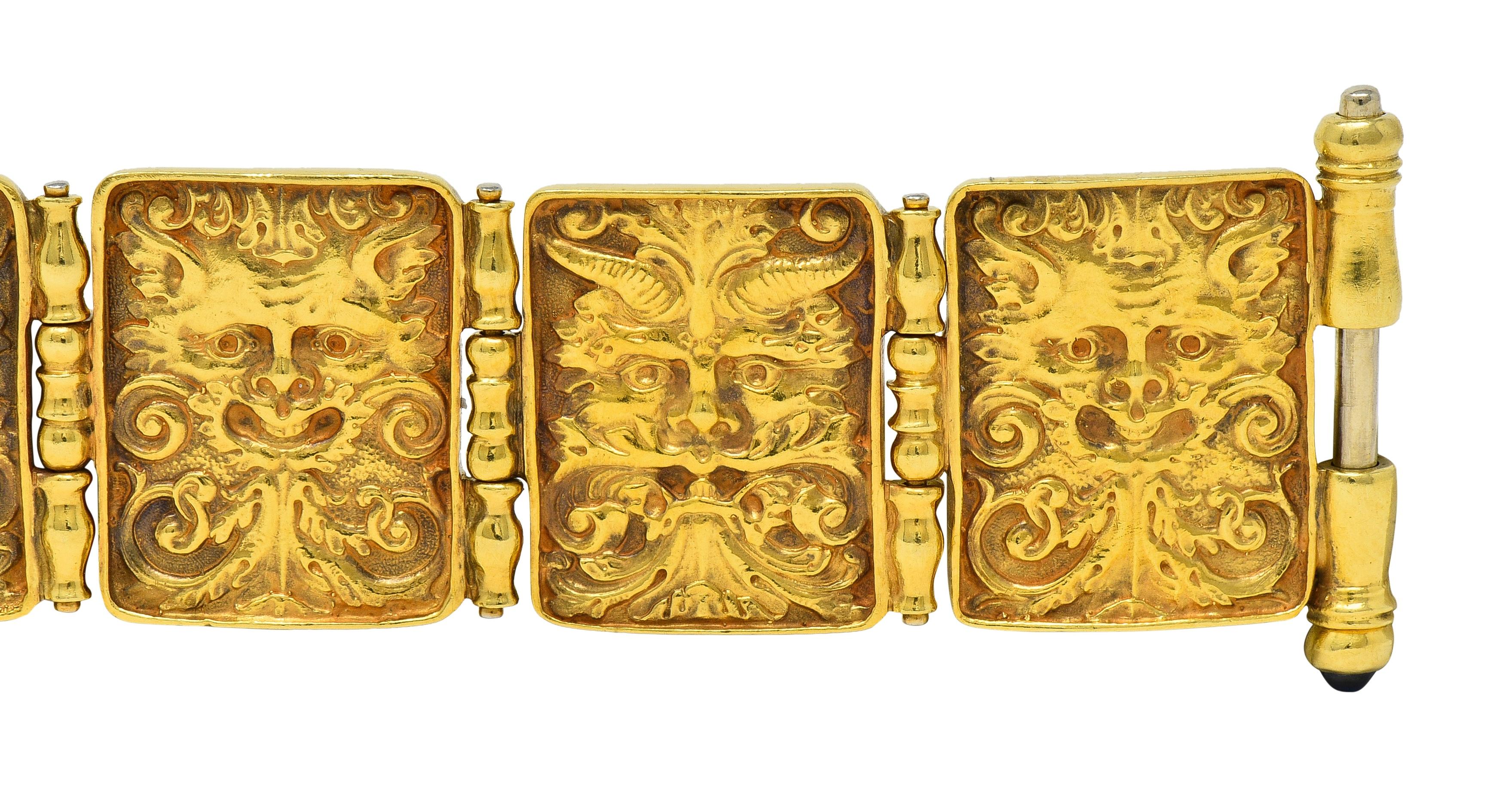 Paul Lantuch 18 Karat Yellow Gold Grotesque Mask Relief Panel Link Bracelet