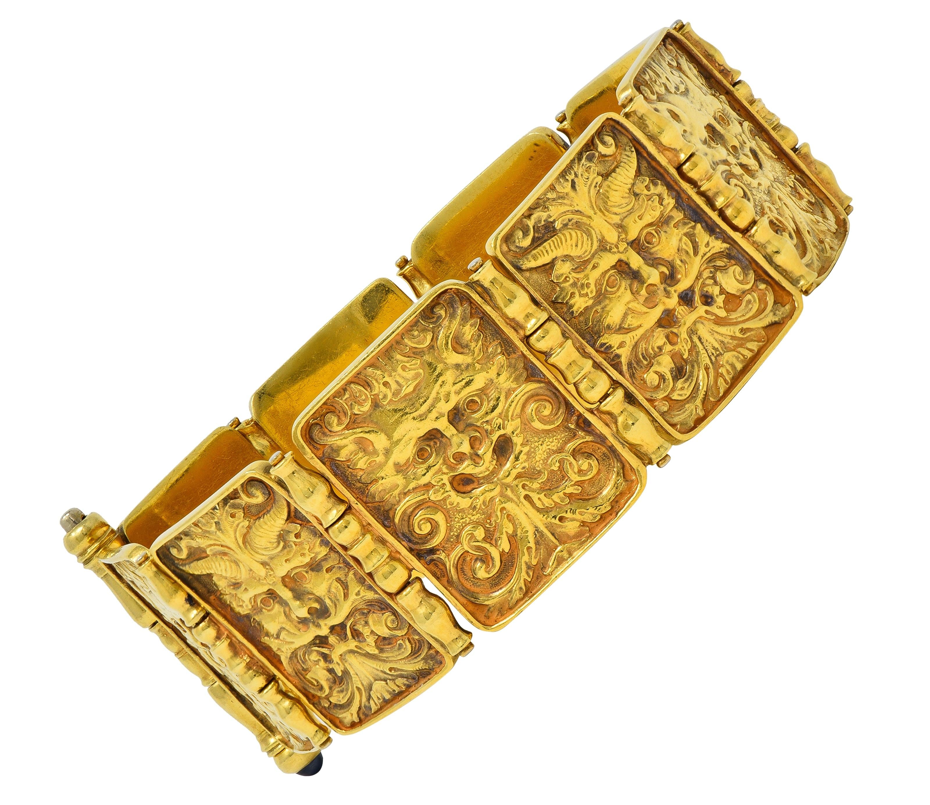 Paul Lantuch 18 Karat Yellow Gold Grotesque Mask Relief Panel Link Bracelet