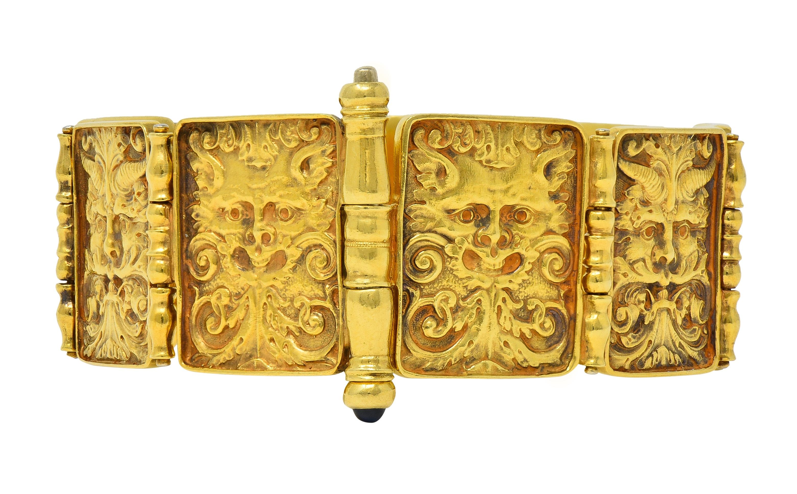 Paul Lantuch 18 Karat Yellow Gold Grotesque Mask Relief Panel Link Bracelet