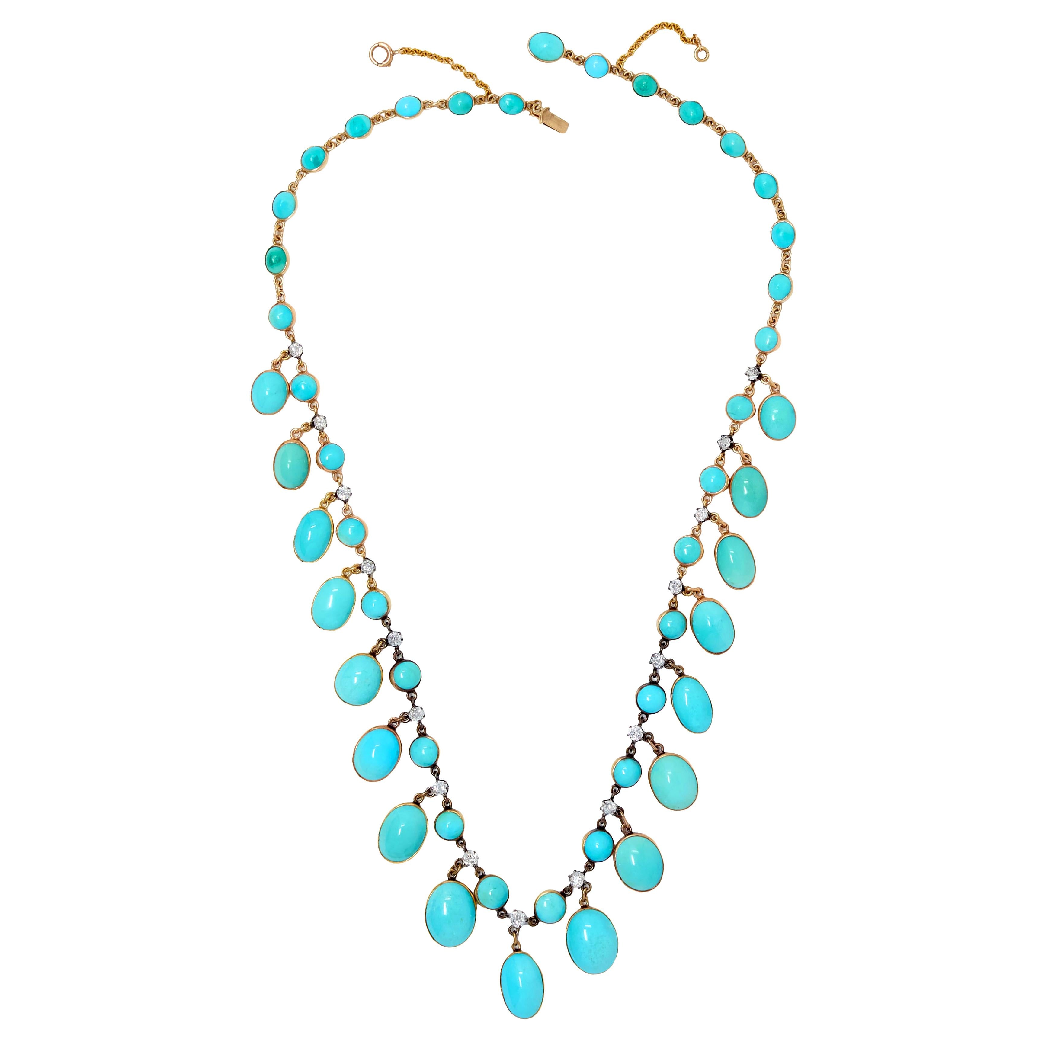 Victorian Diamond Turquoise 14 Karat Yellow Gold Silver Antique Fringe Necklace