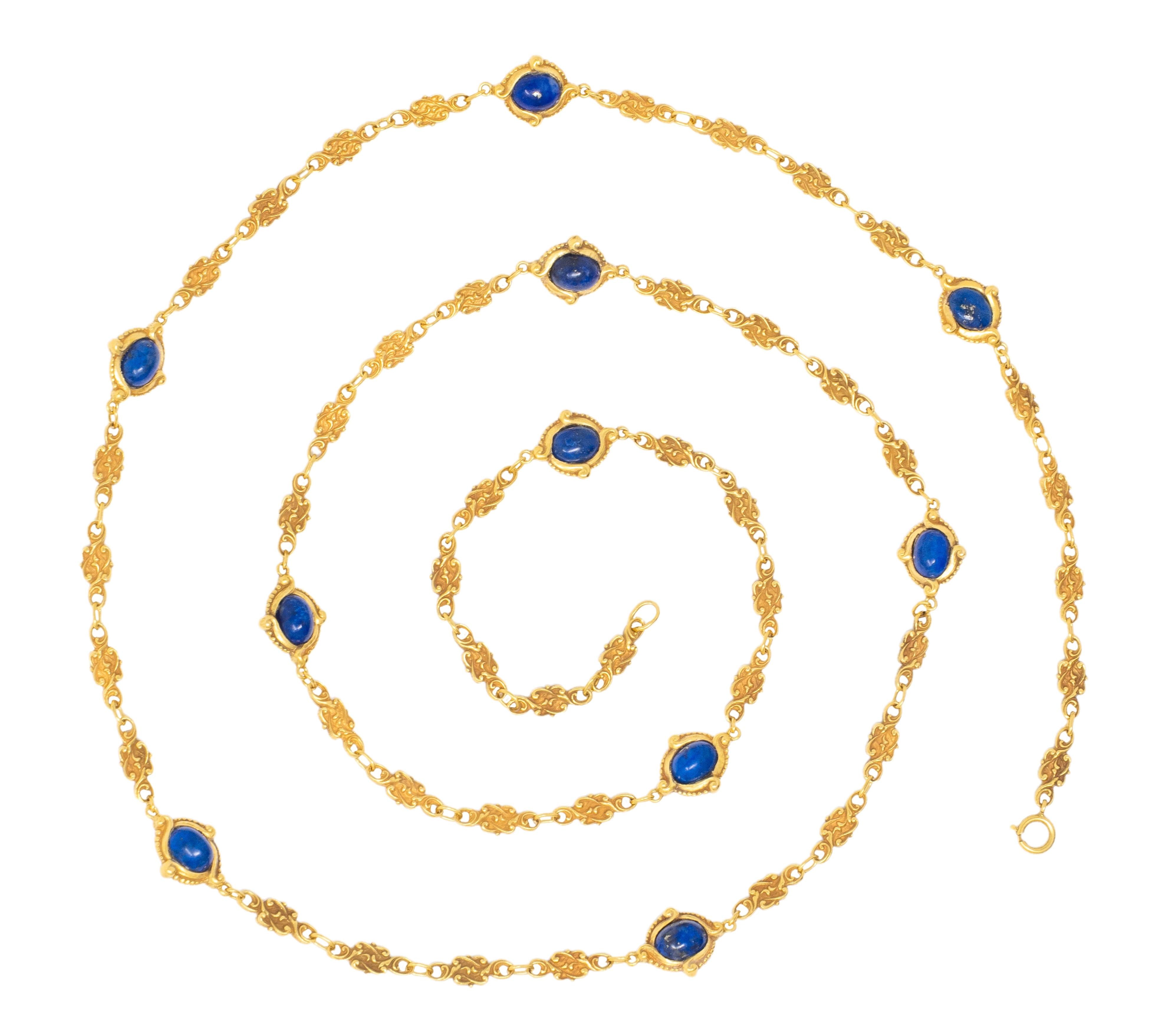 Victorian Lapis Lazuli 14 Karat Yellow Gold Fancy Link Antique Chain Necklace