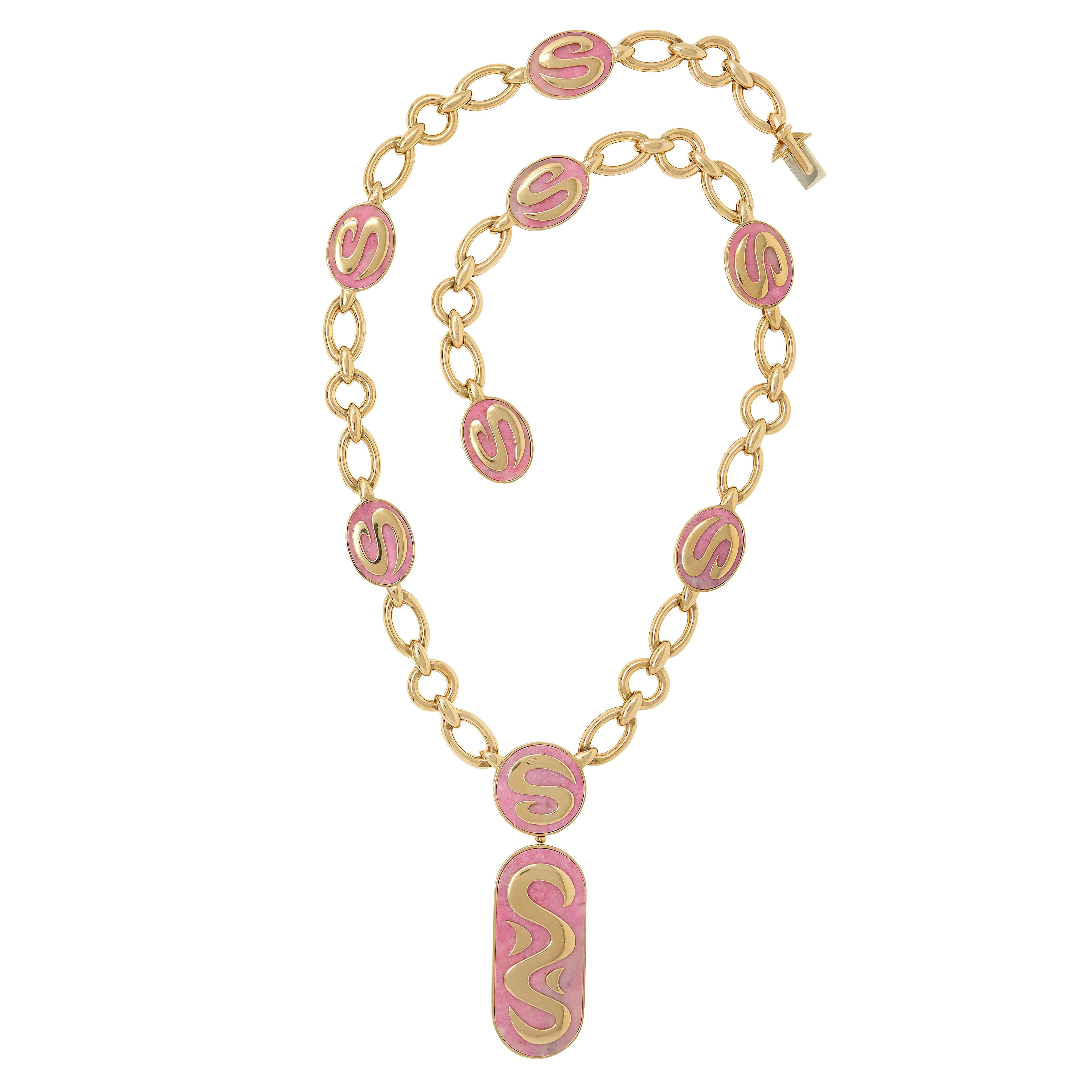 Bulgari 1970's Rhodochrosite 18 Karat Yellow Gold Vintage Station Necklace