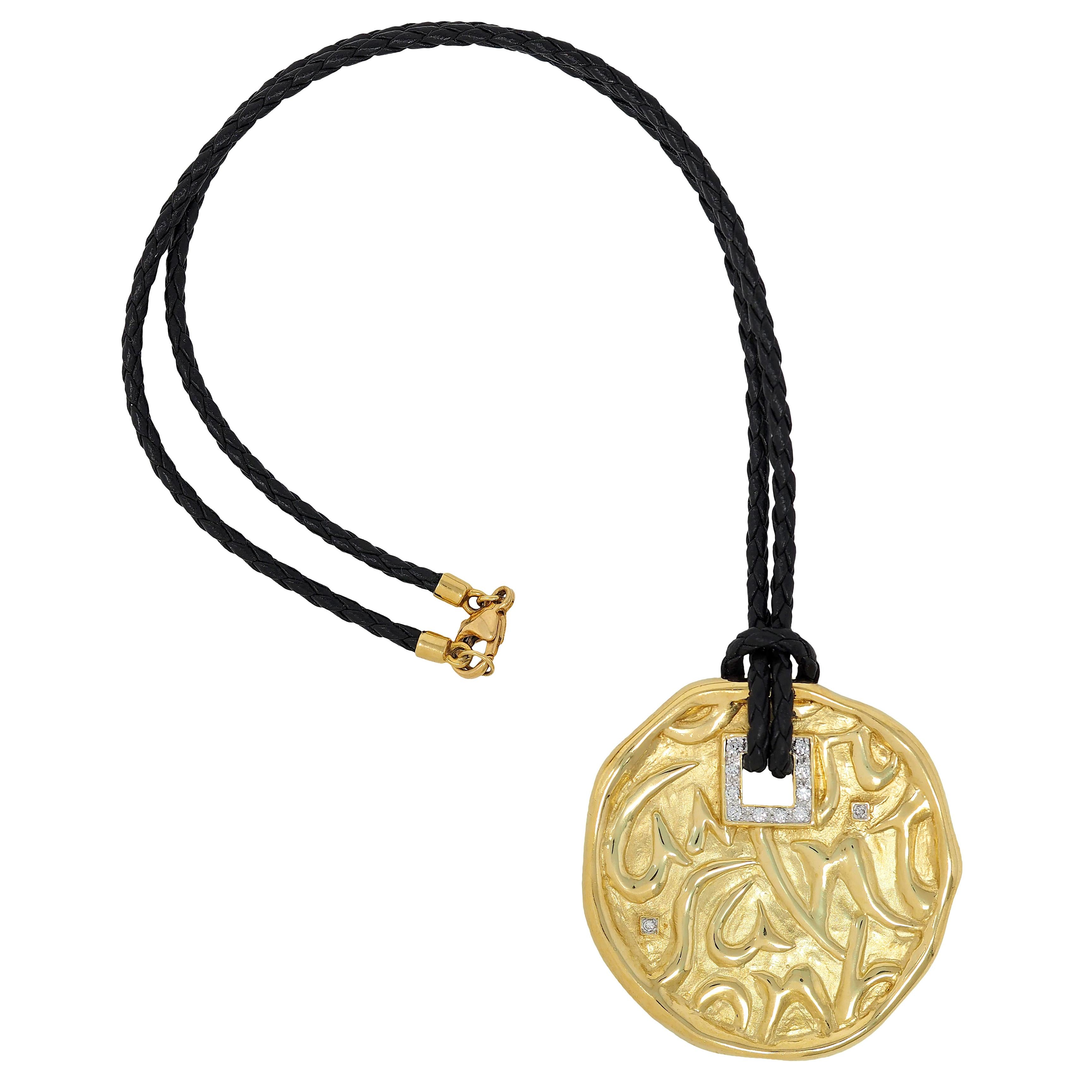 SeidenGang 2000's Diamond 18K Gold Leather Cord Circle Of Love Pendant Necklace