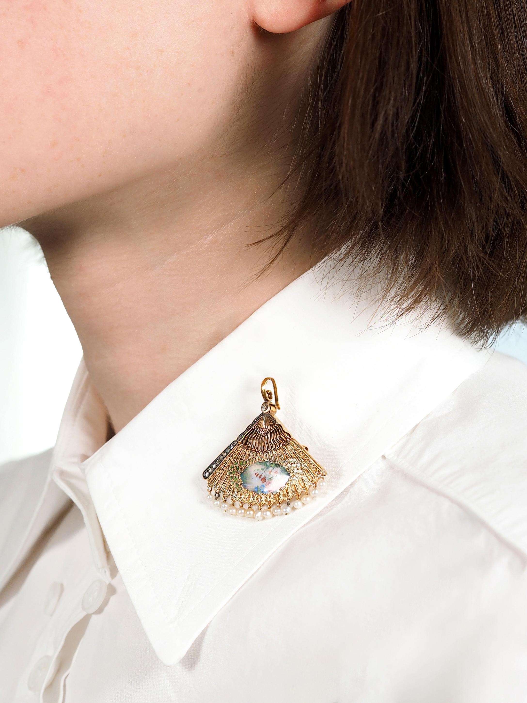 Victorian Diamond Pearl Enamel 18K Gold Antique Fan Dog Locket Pendant Brooch