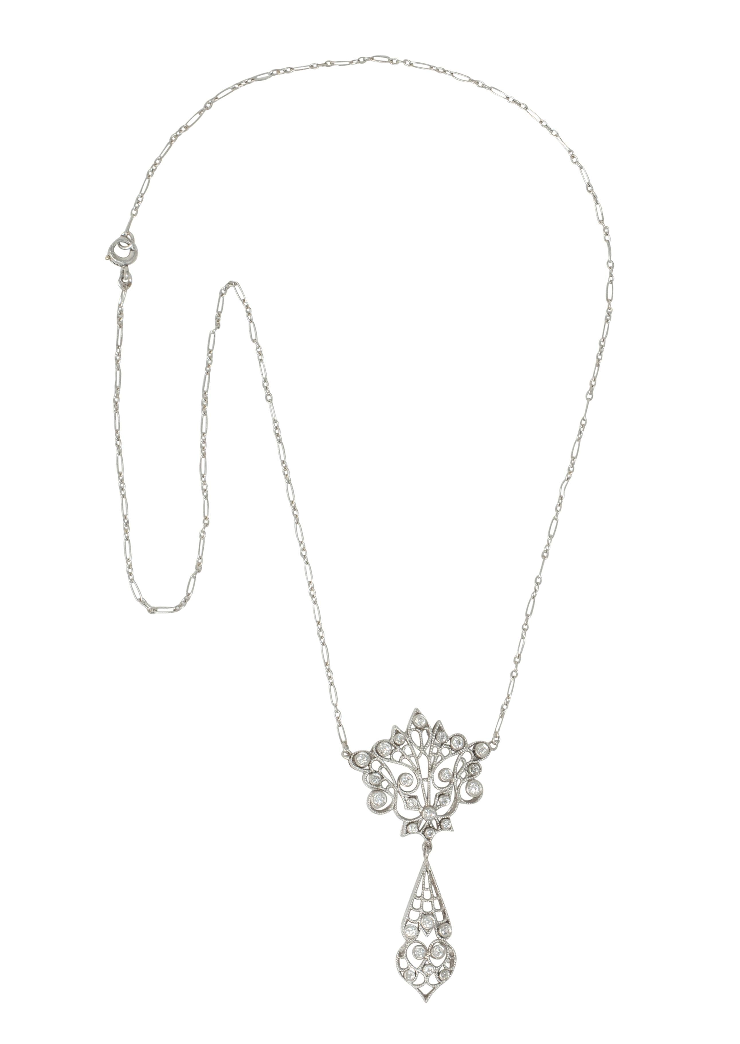 Edwardian Diamond Platinum Antique Peacock Filigree Lavalier Necklace