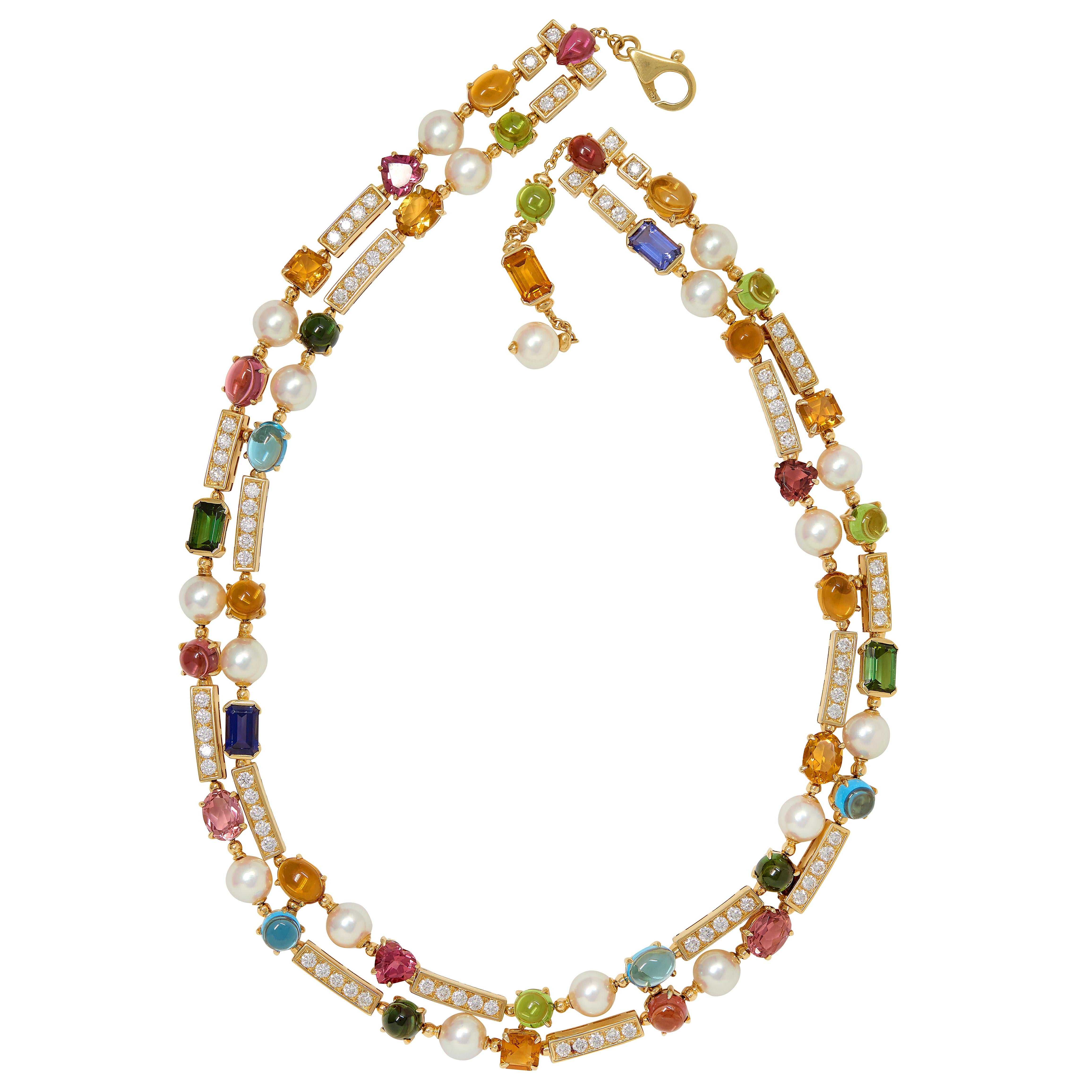 Bulgari 2000's Pearl Multi-Gem Diamond 18K Gold Contemporary Allegra Necklace