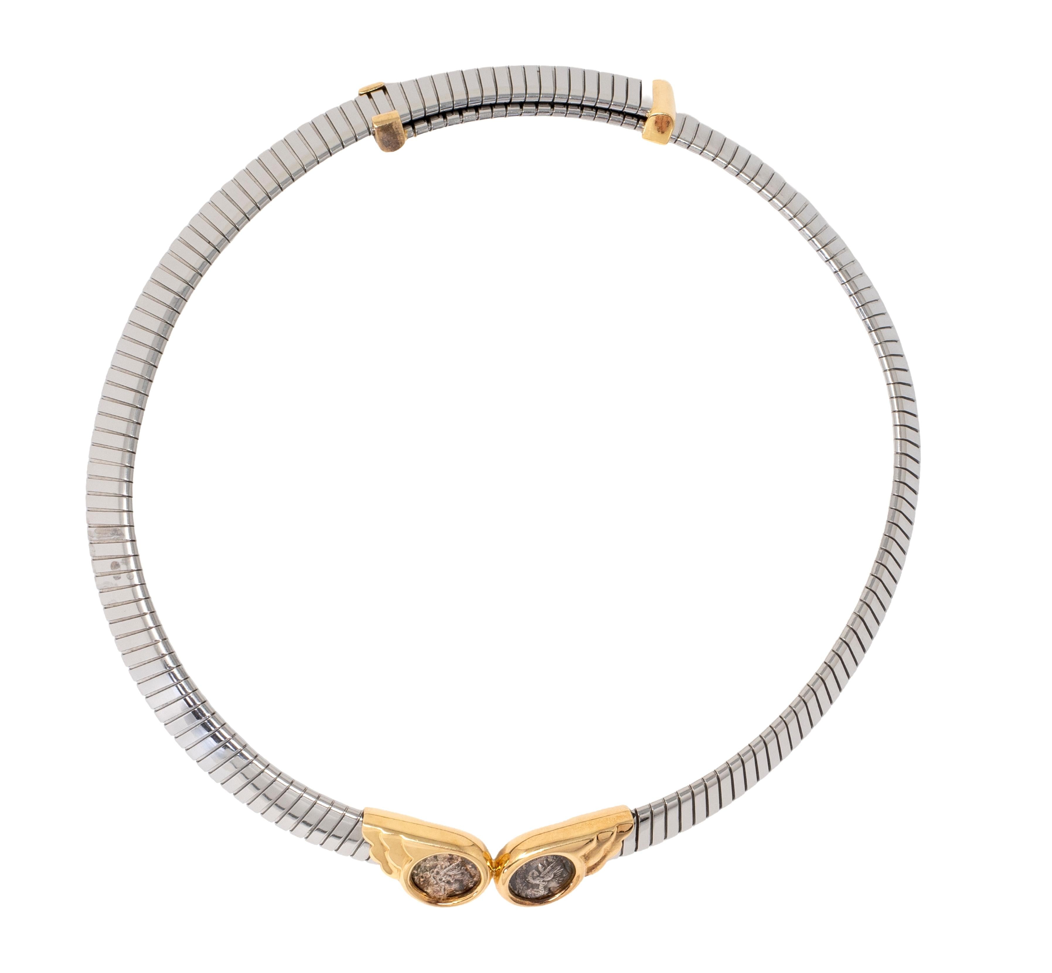 Bulgari 1980's Ancient Coin 18K Gold Stainless Steel Vintage Monete Necklace