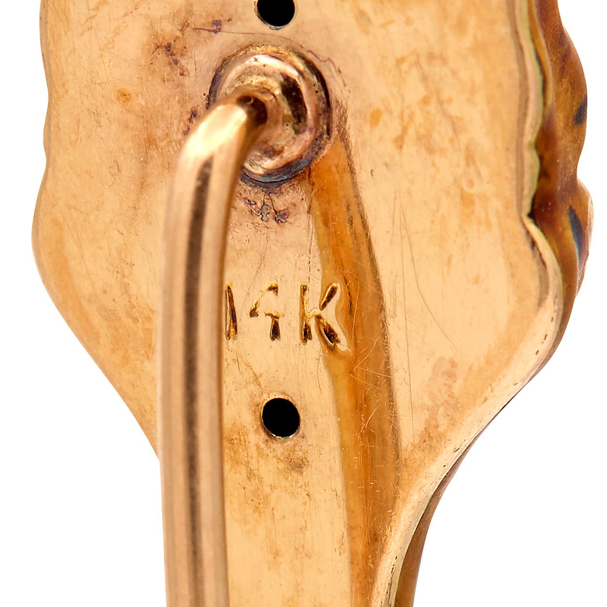 Edwardian Enamel Diamond Pearl 14K Rose Gold Platinum Antique Tiger Stickpin