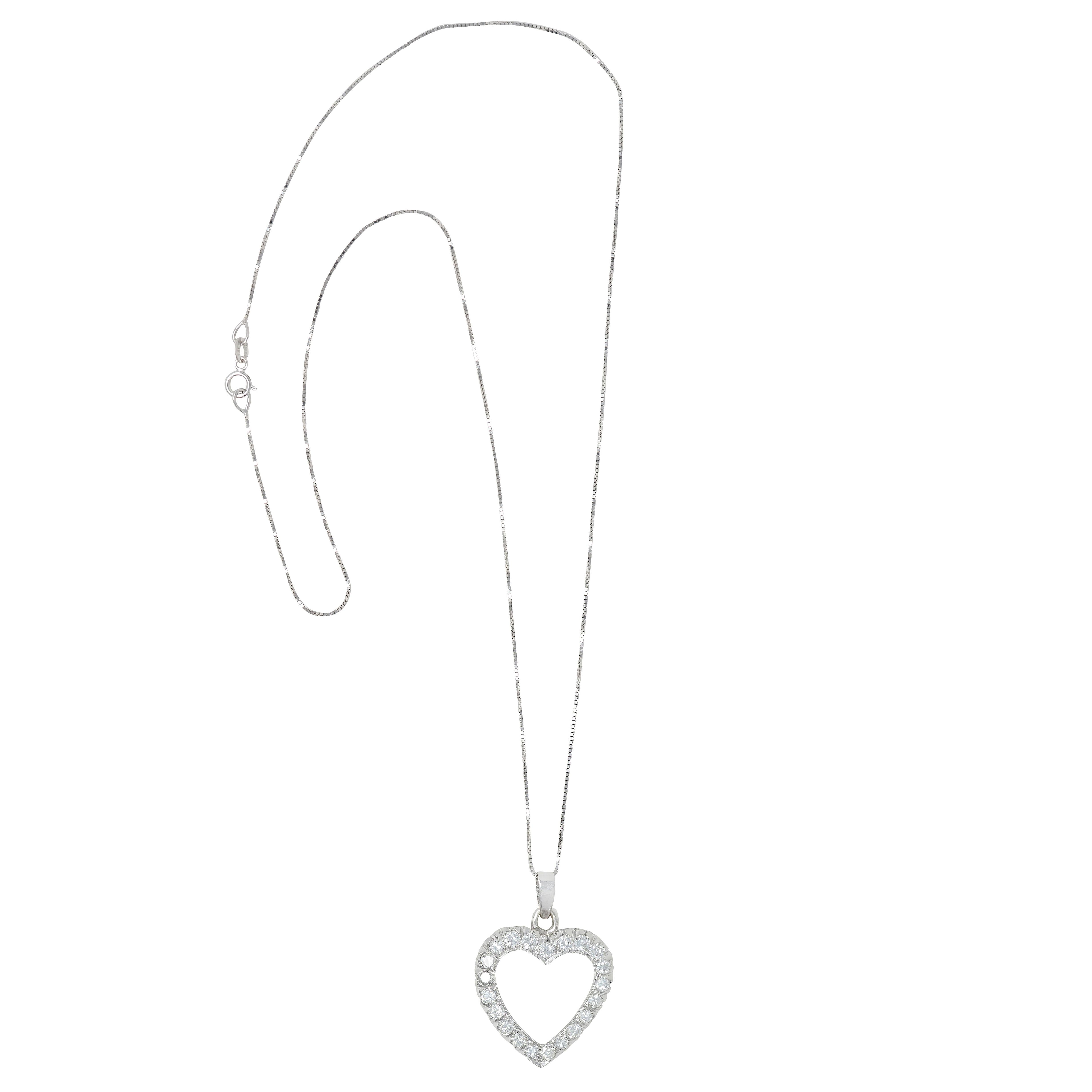 1950's 2.10 CTW Diamond 14 Karat White Gold Vintage Heart Pendant Necklace