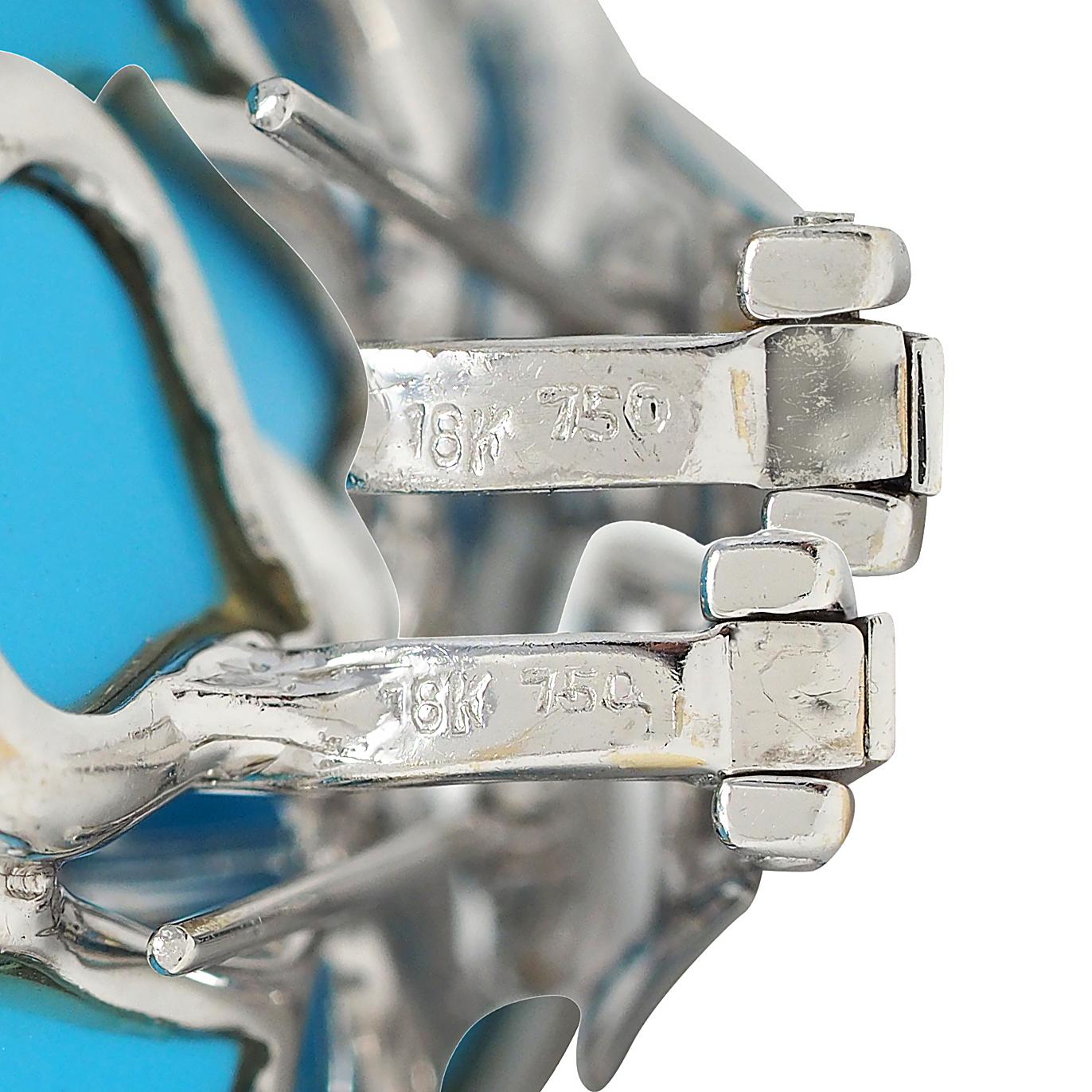 Contemporary Diamond Turquoise 18 Karat White Gold Flower Earrings