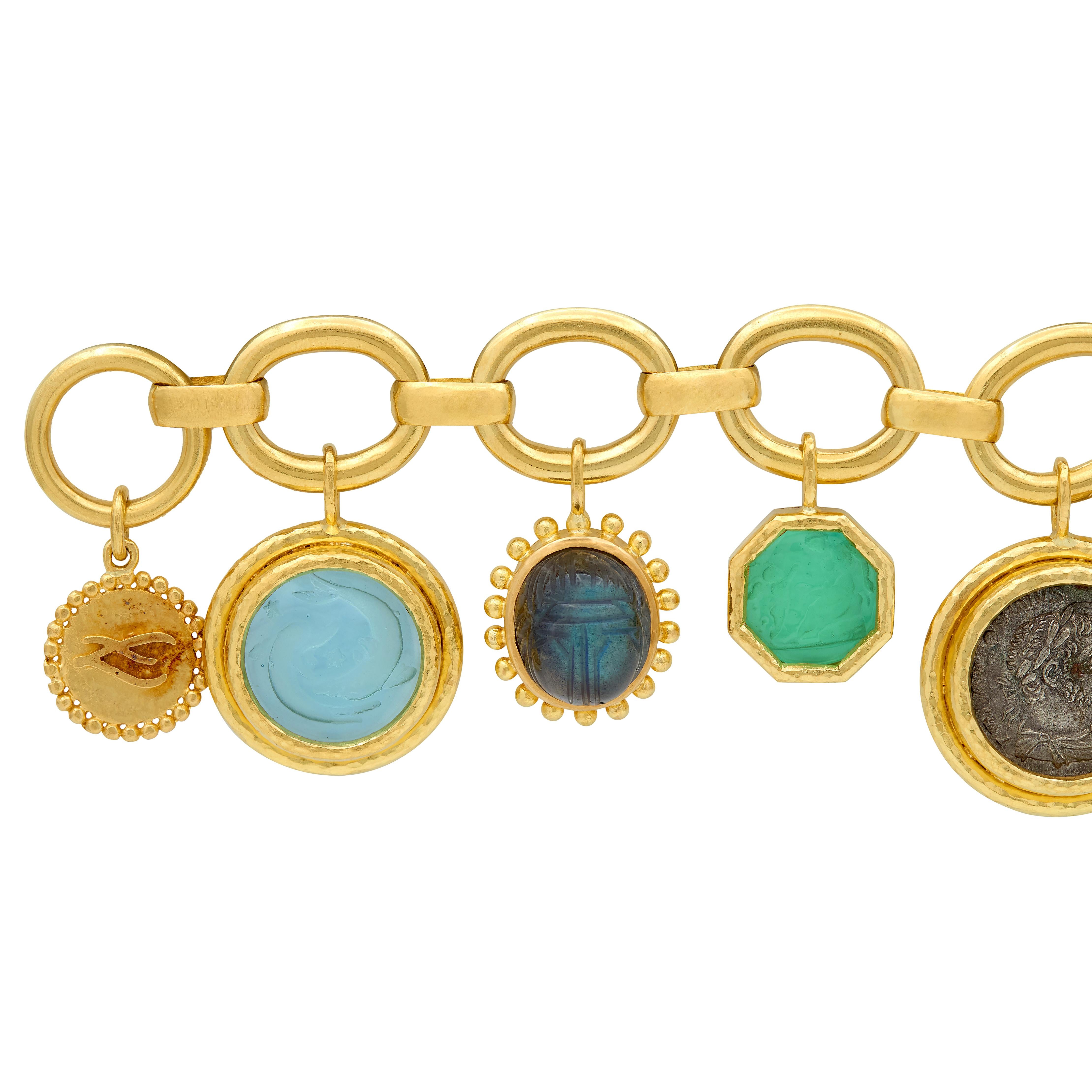 Elizabeth Locke 2000's Multi-Gem 19 Karat Yellow Gold Intaglio Charm Bracelet