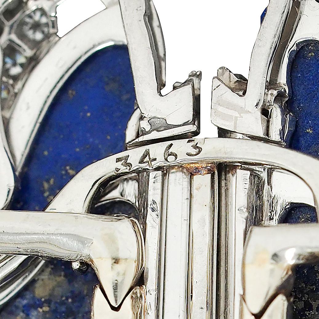 Art Deco Diamond Lapis Lazuli Platinum 18K Gold Vintage Foliate Brooch Clips