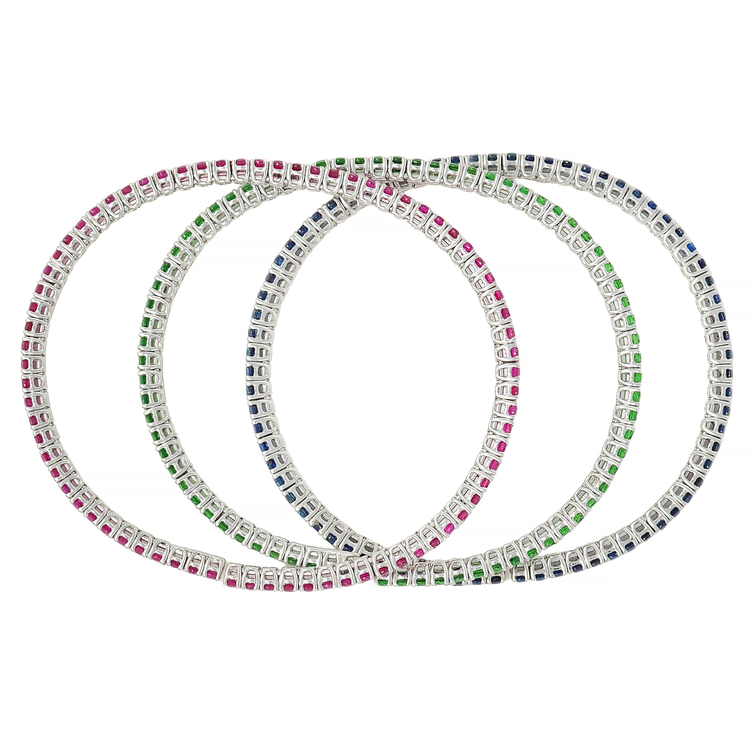 11.00 CTW Ruby Sapphire Tsavorite Garnet 18K Gold Flex Cuff Bracelet Set