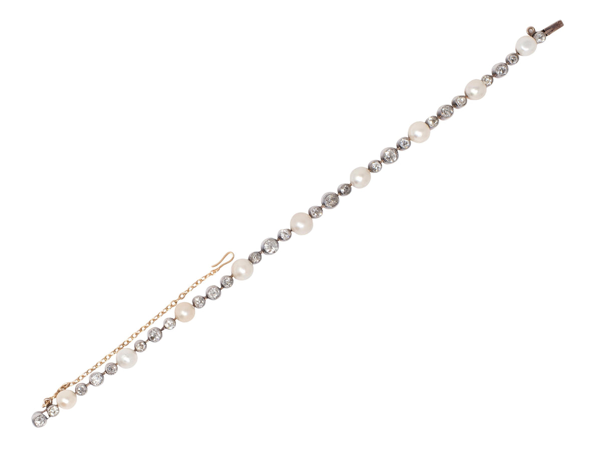 Victorian 3.14 CTW Diamond Pearl 18 Karat Rose Gold Silver Antique Line Bracelet