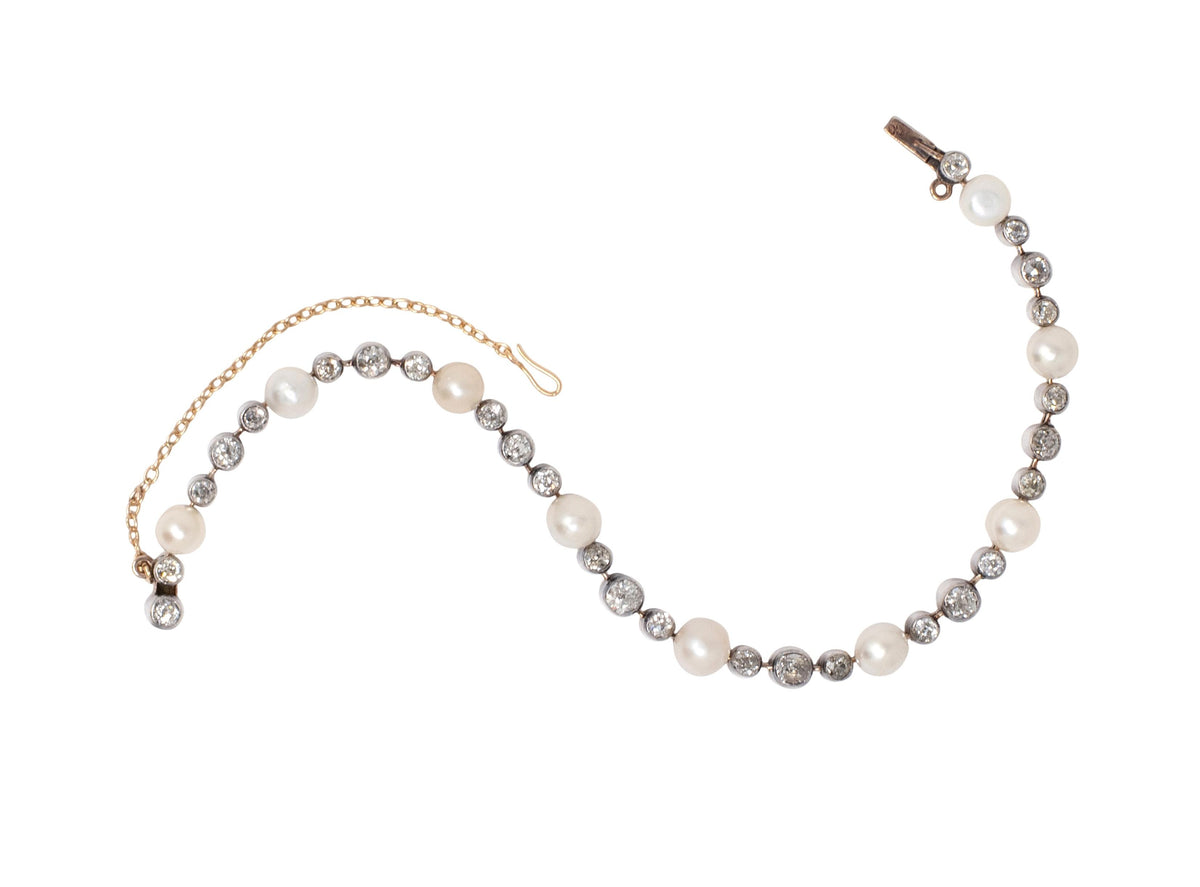 Victorian 3.14 CTW Diamond Pearl 18 Karat Rose Gold Silver Antique Line Bracelet