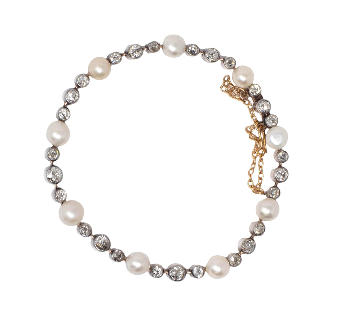Victorian 3.14 CTW Diamond Pearl 18 Karat Rose Gold Silver Antique Line Bracelet