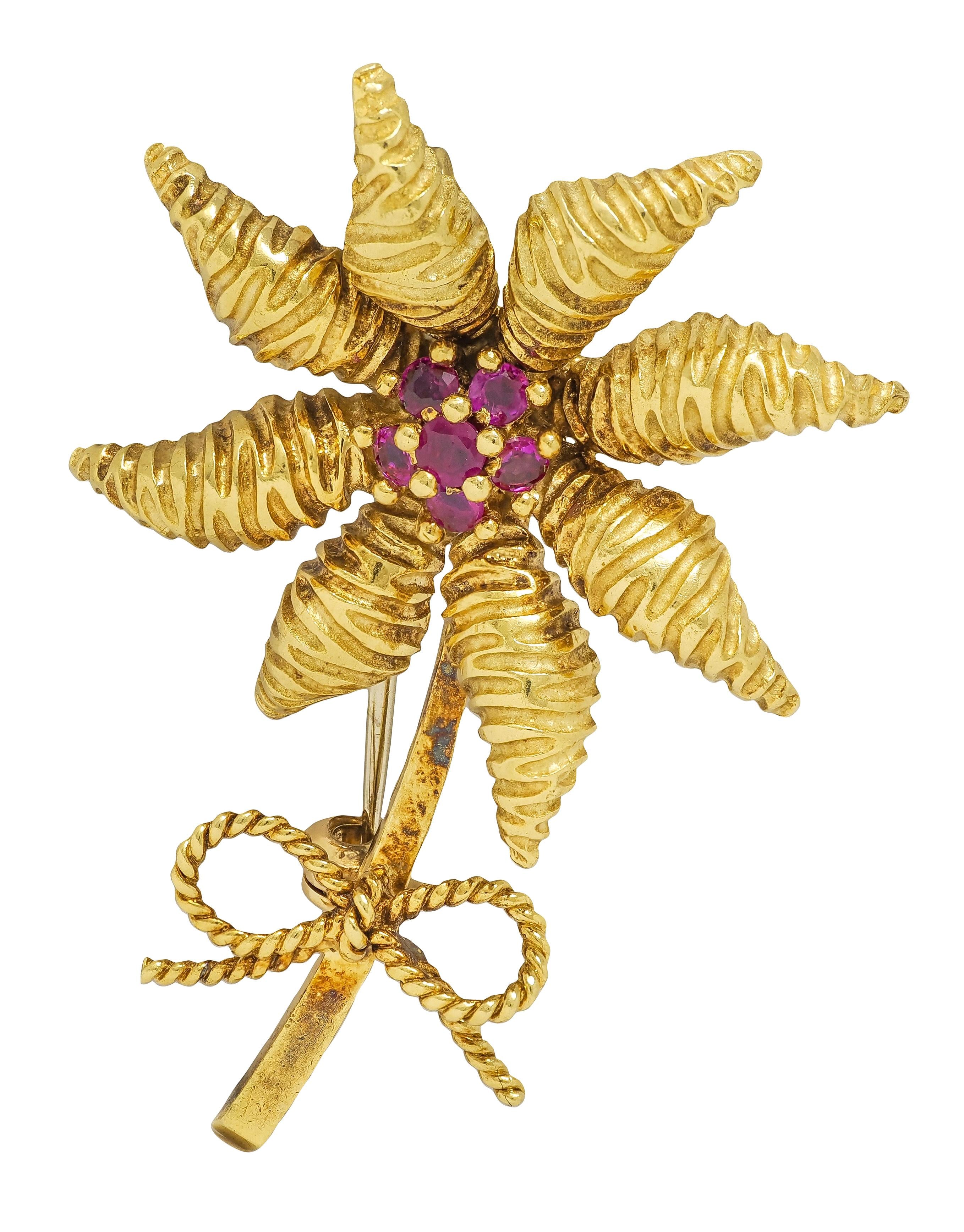 Tiffany & Co. 1970's 0.86 CTW Ruby 18 Karat Yellow Gold Vintage Flower Brooch