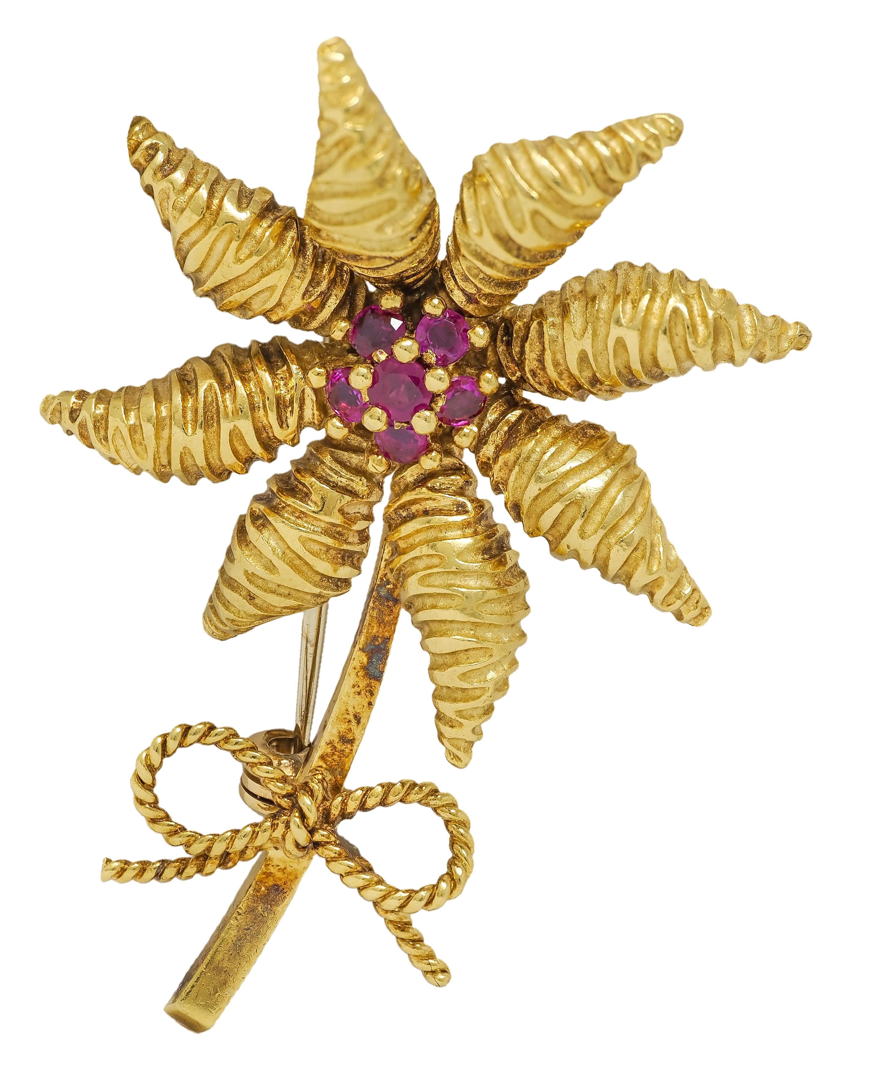 Tiffany & Co. 1970's 0.86 CTW Ruby 18 Karat Yellow Gold Vintage Flower Brooch