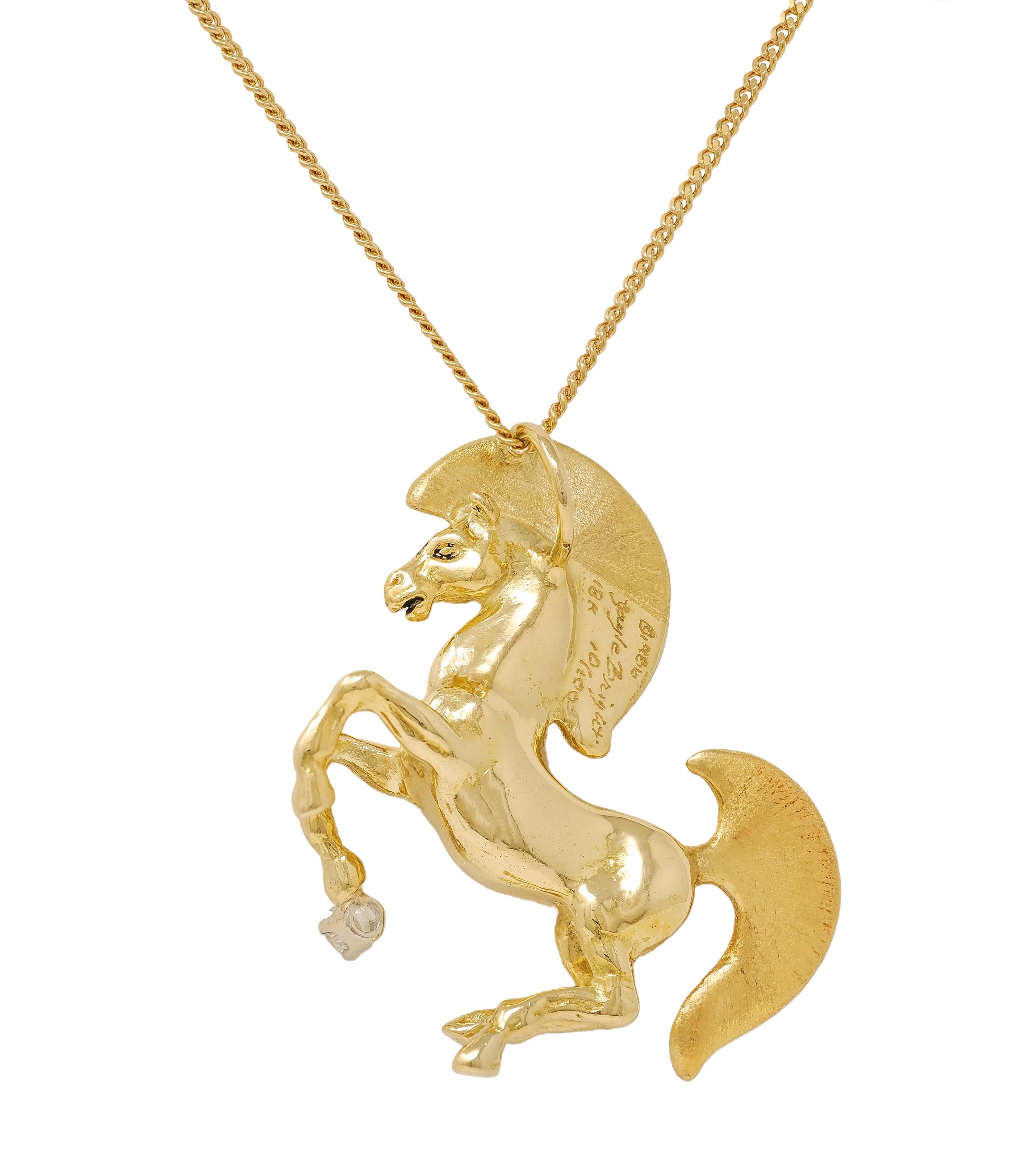 Gayle Bright 1986 18 Karat Two-Tone Gold Diamond Vintage Horse Pendant Necklace