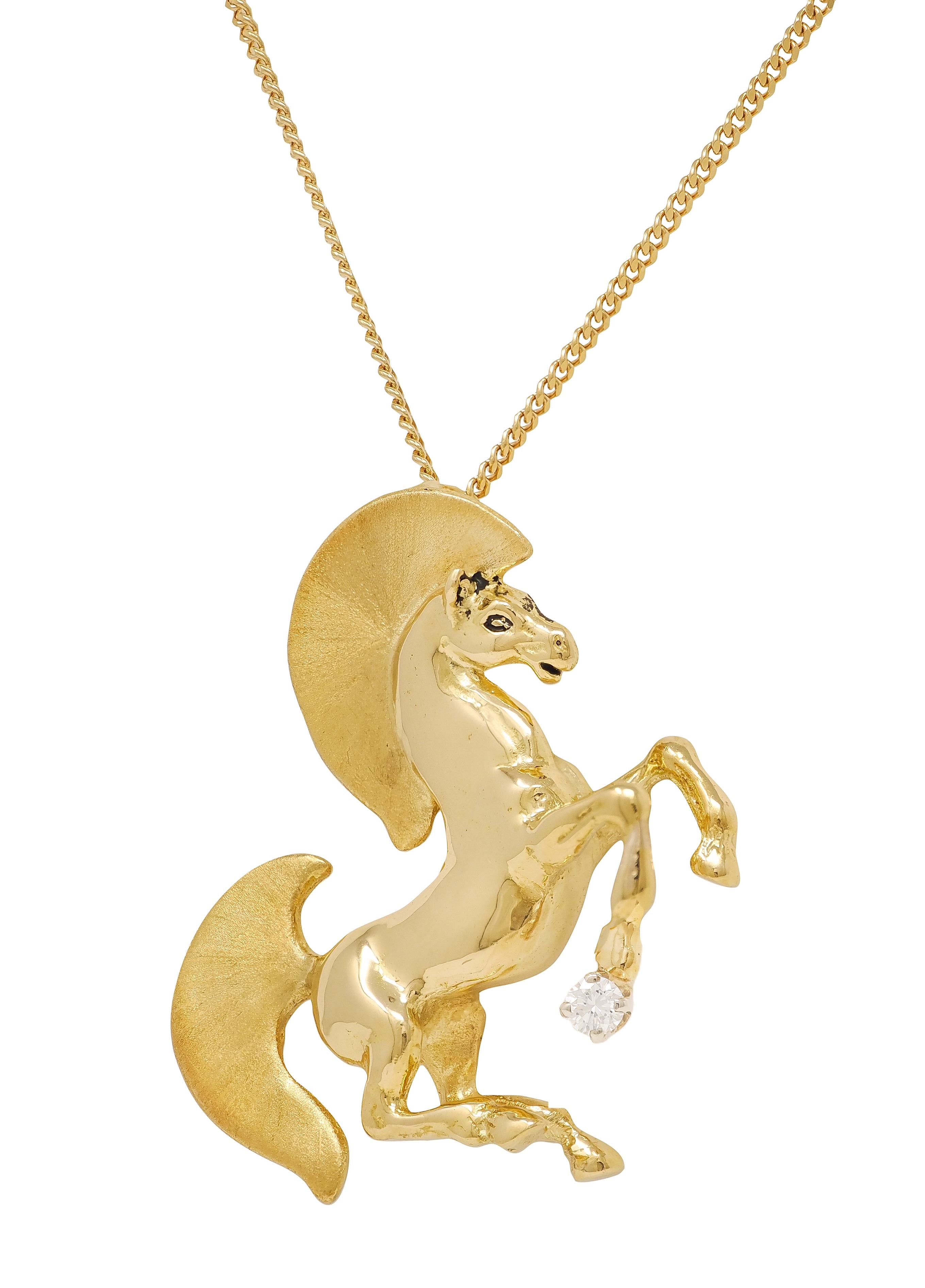 Gayle Bright 1986 18 Karat Two-Tone Gold Diamond Vintage Horse Pendant Necklace