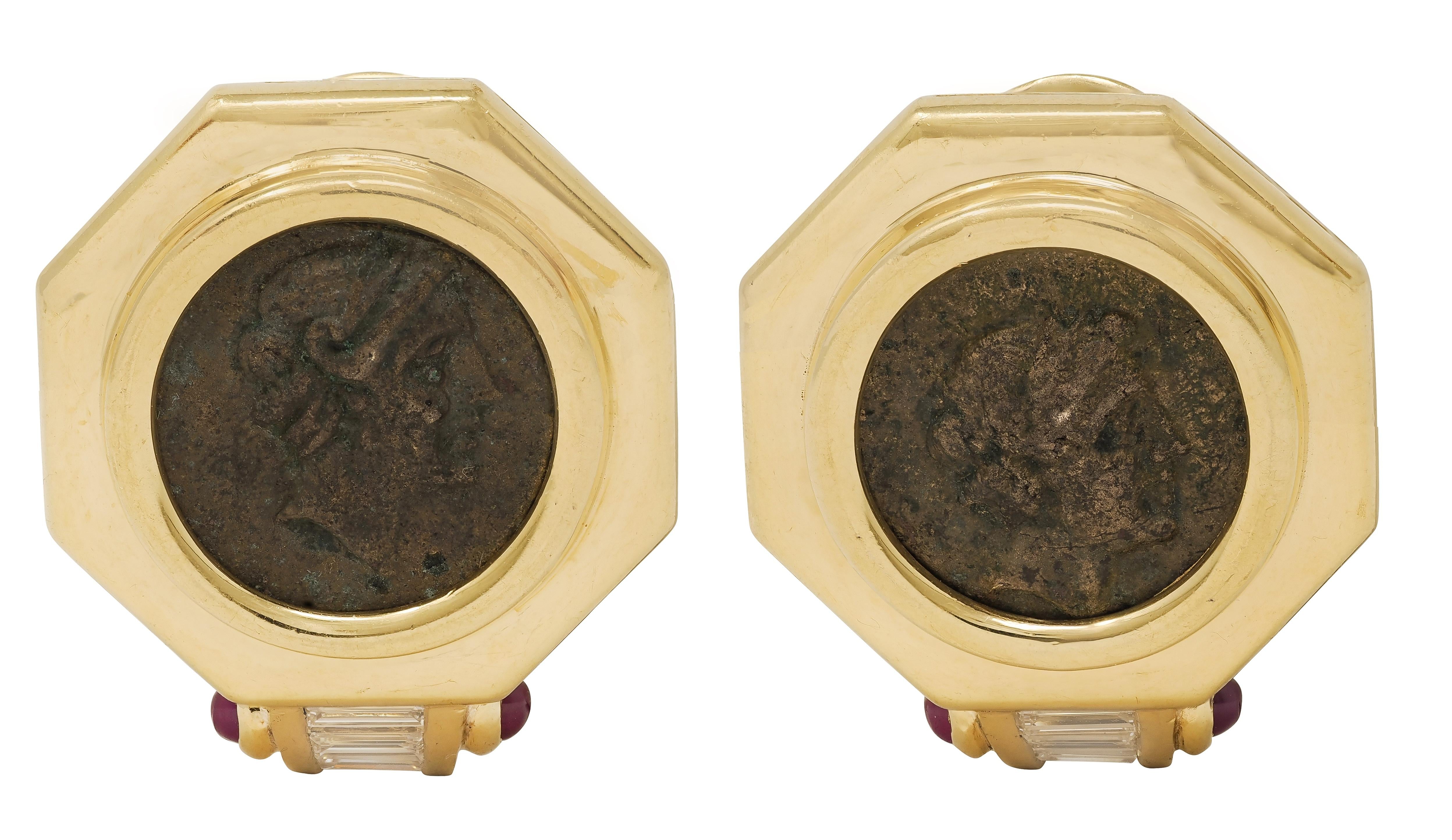 Bulgari 1980's Diamond Ruby Ancient Coin 18K Gold Vintage Monete Earrings