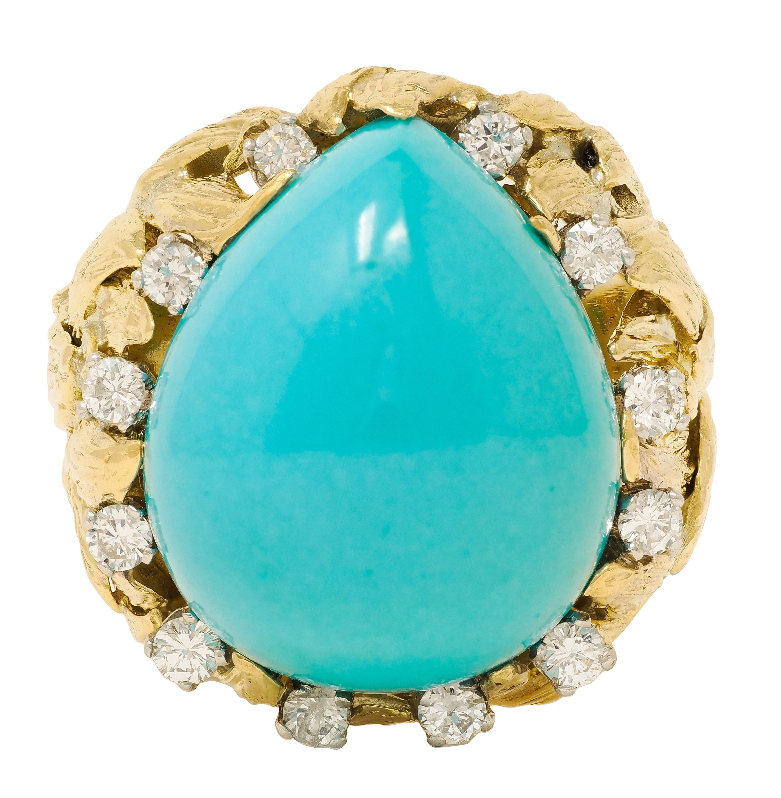 David Webb 1970's Turquoise Diamond 18K Gold Platinum Vintage Foliate Ring