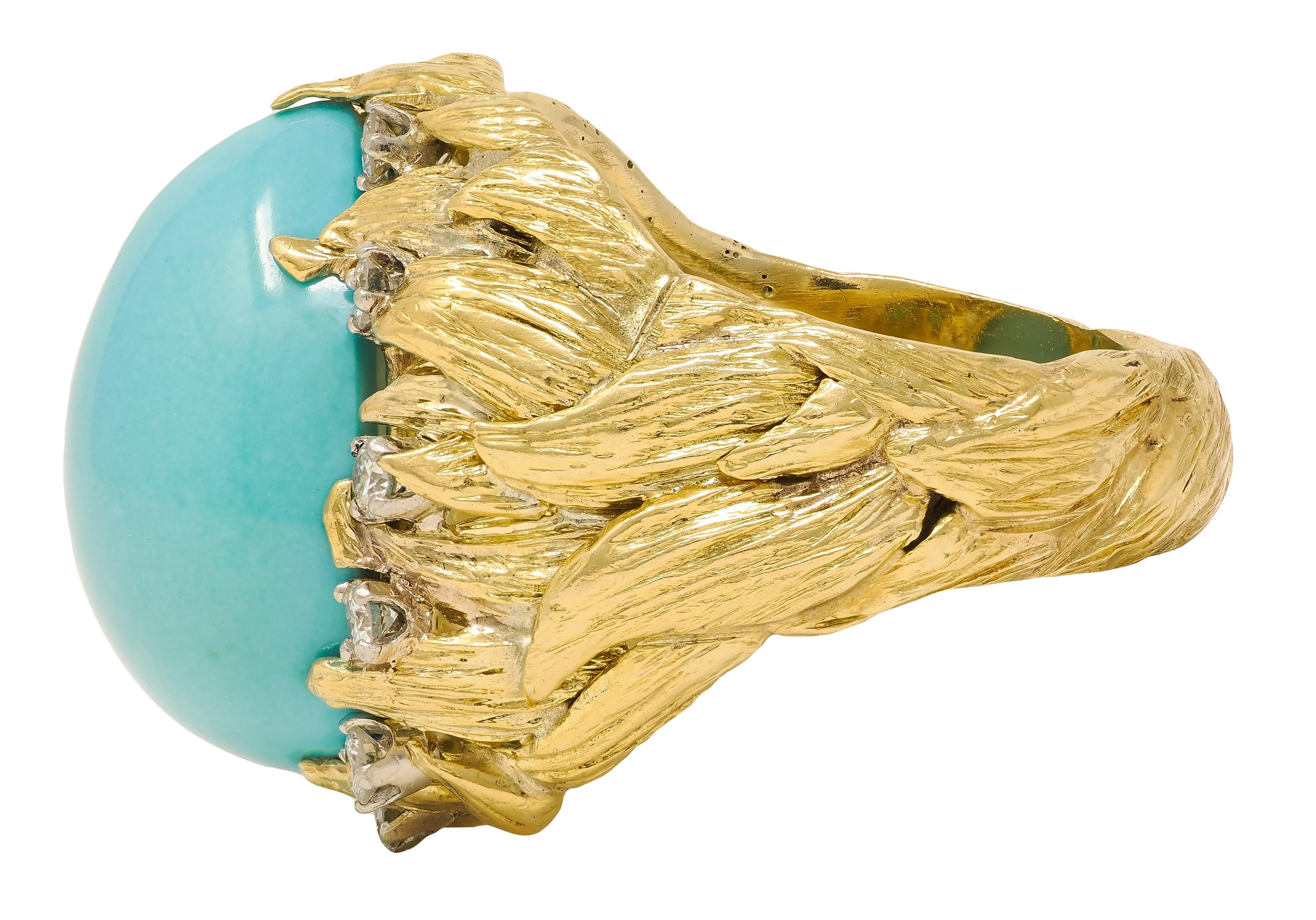 David Webb 1970's Turquoise Diamond 18K Gold Platinum Vintage Foliate Ring