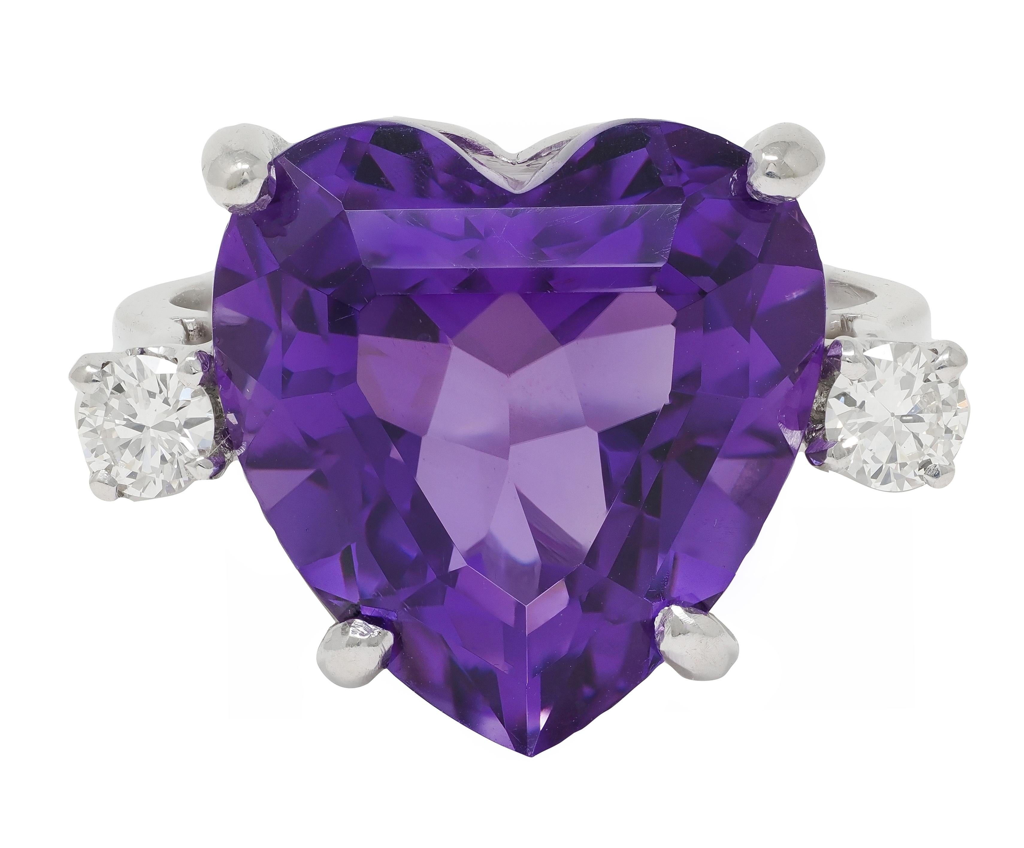 Felger Inc. 1940's Amethyst Diamond 14 Karat White Gold Vintage Heart Ring