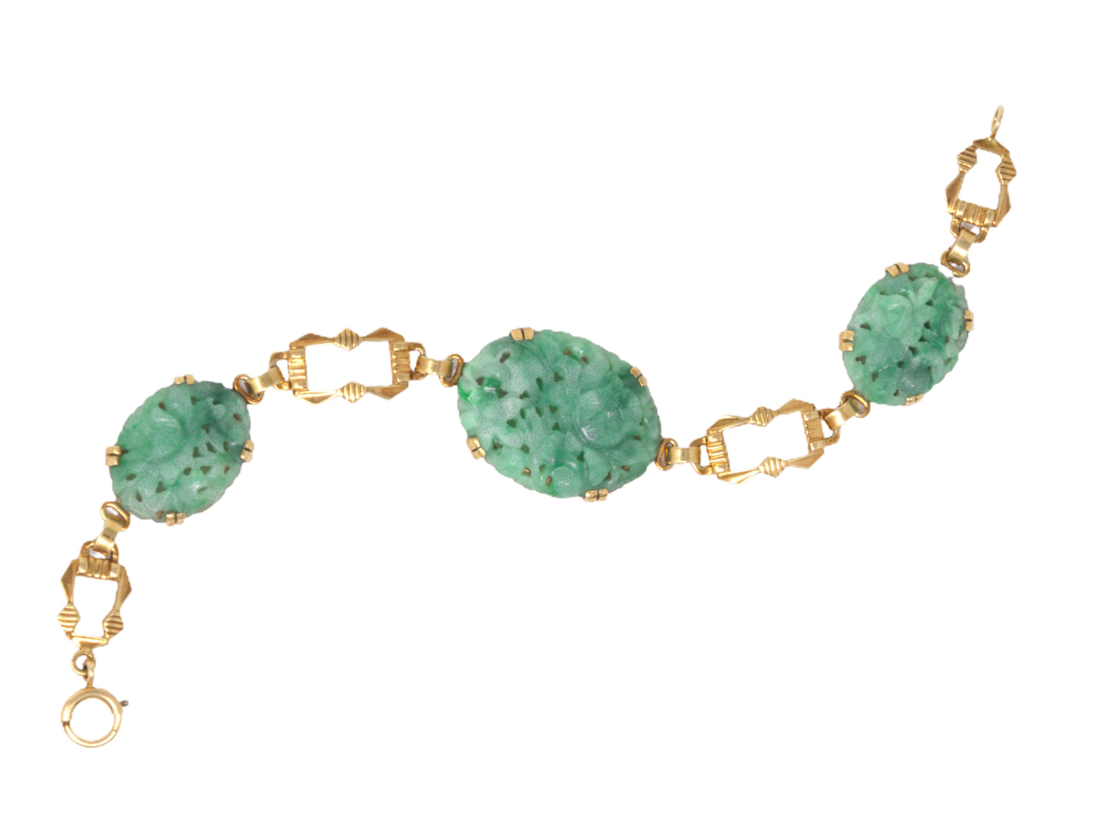 Tiffany & Co. Art Deco Carved Jade 14K Gold Antique Floral Link Bracelet