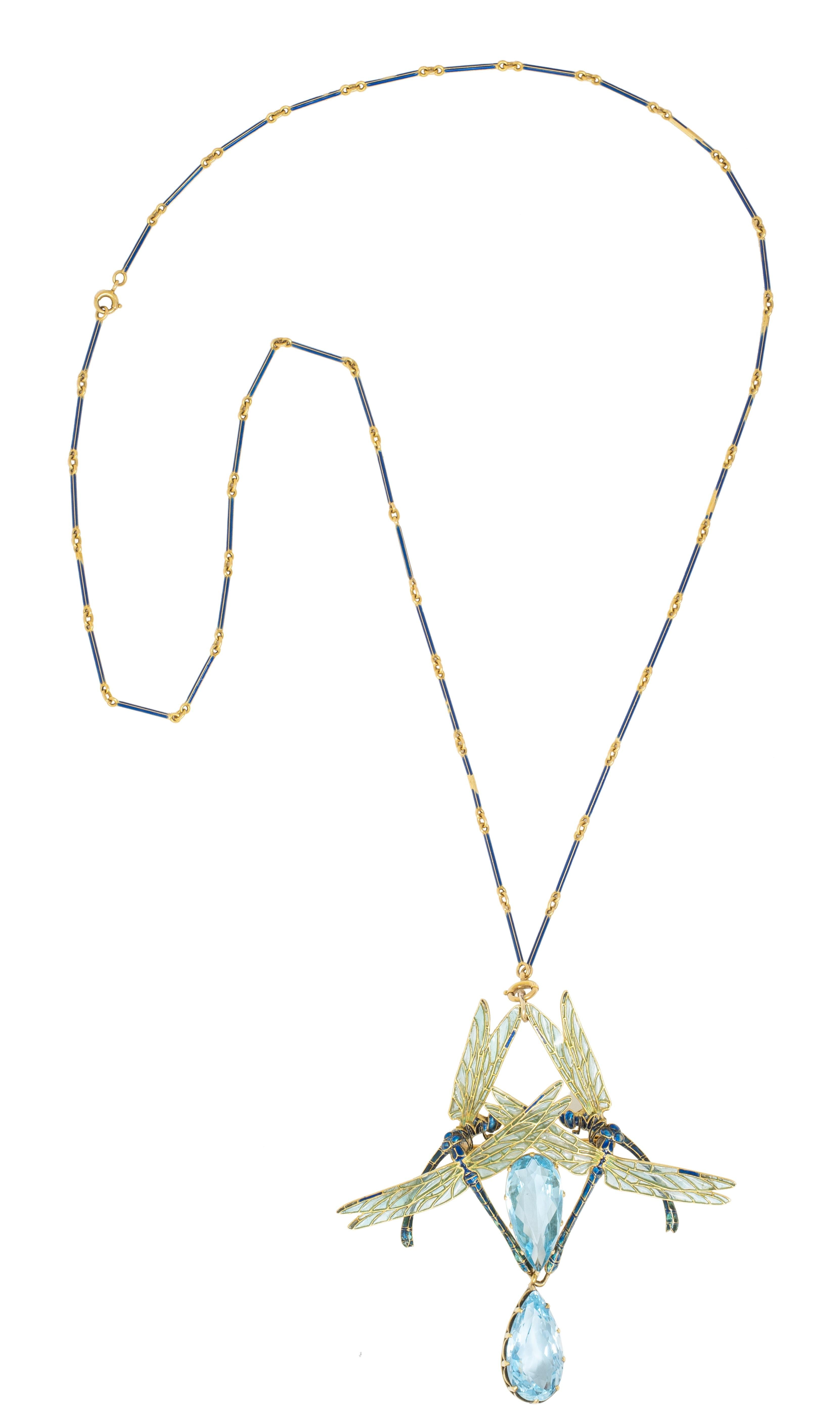 Rene Lalique 1903 Aquamarine Enamel 18K Gold Antique Four Dragonflies Necklace