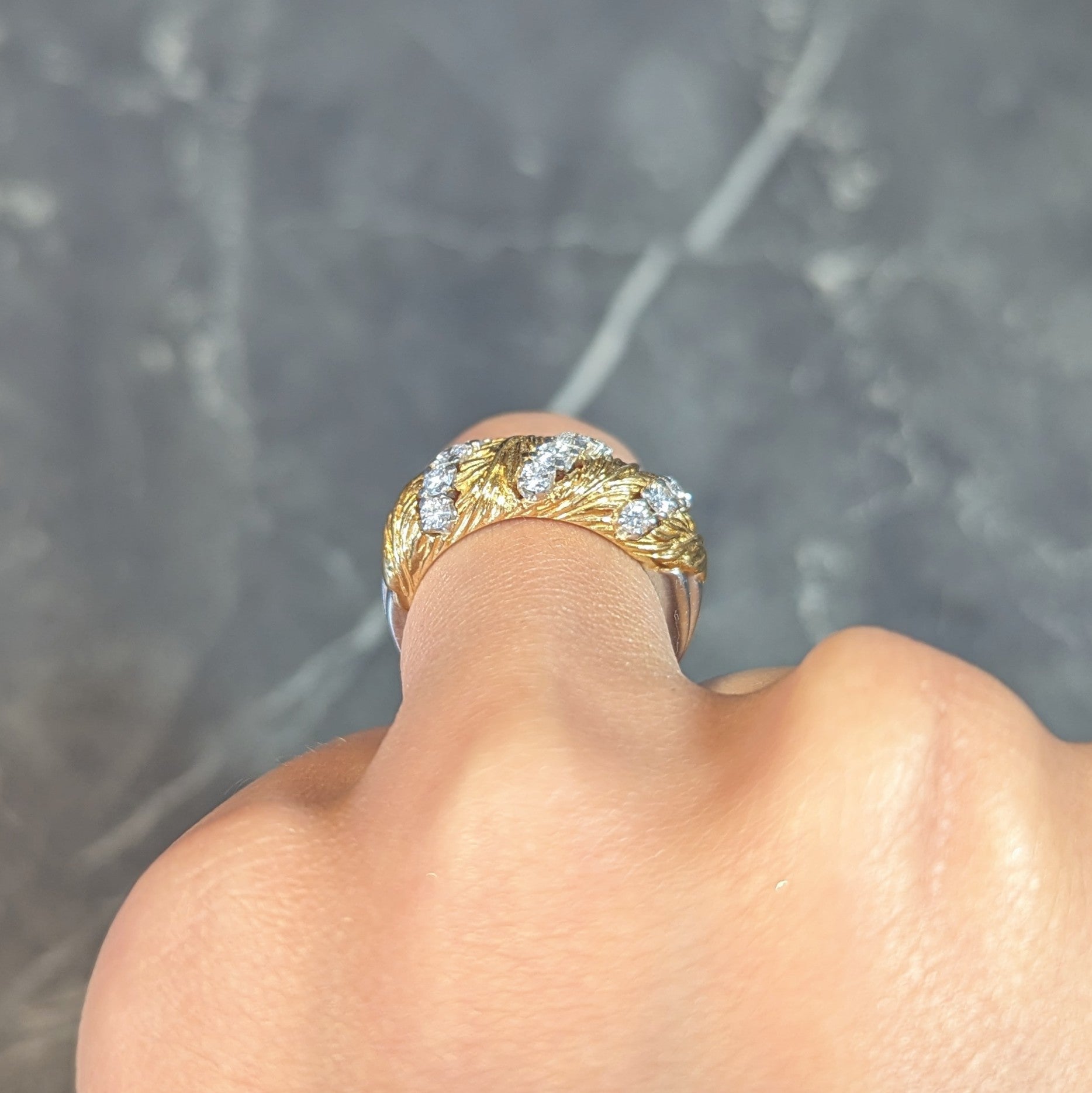 McTeigue & Co. 1950's Diamond Platinum 18 Karat Gold Vintage Feather Band Ring Wilson's Estate Jewelry